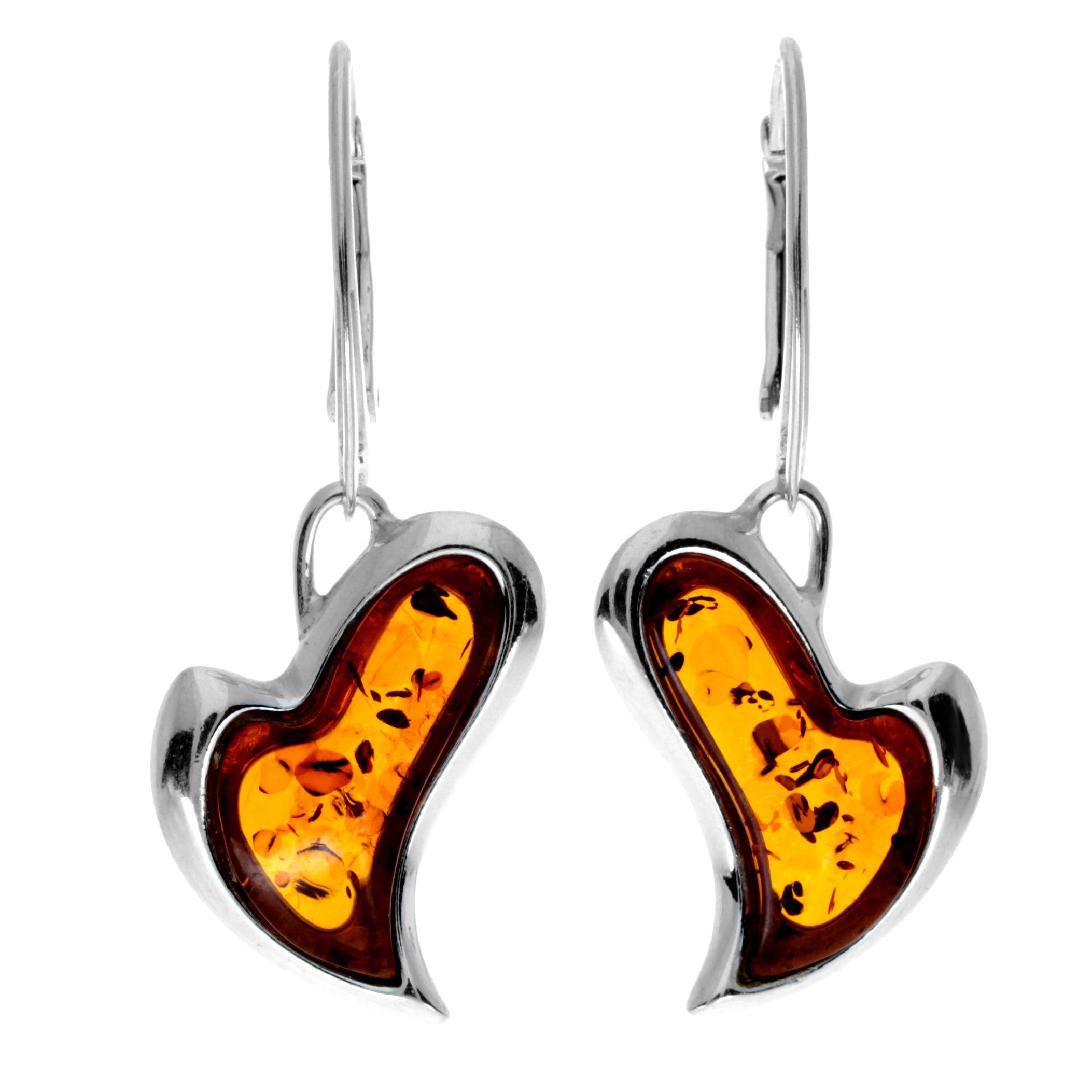 925 Sterling Silver & Genuine Baltic Amber Drop Modern Hearts Earrings - AC005D