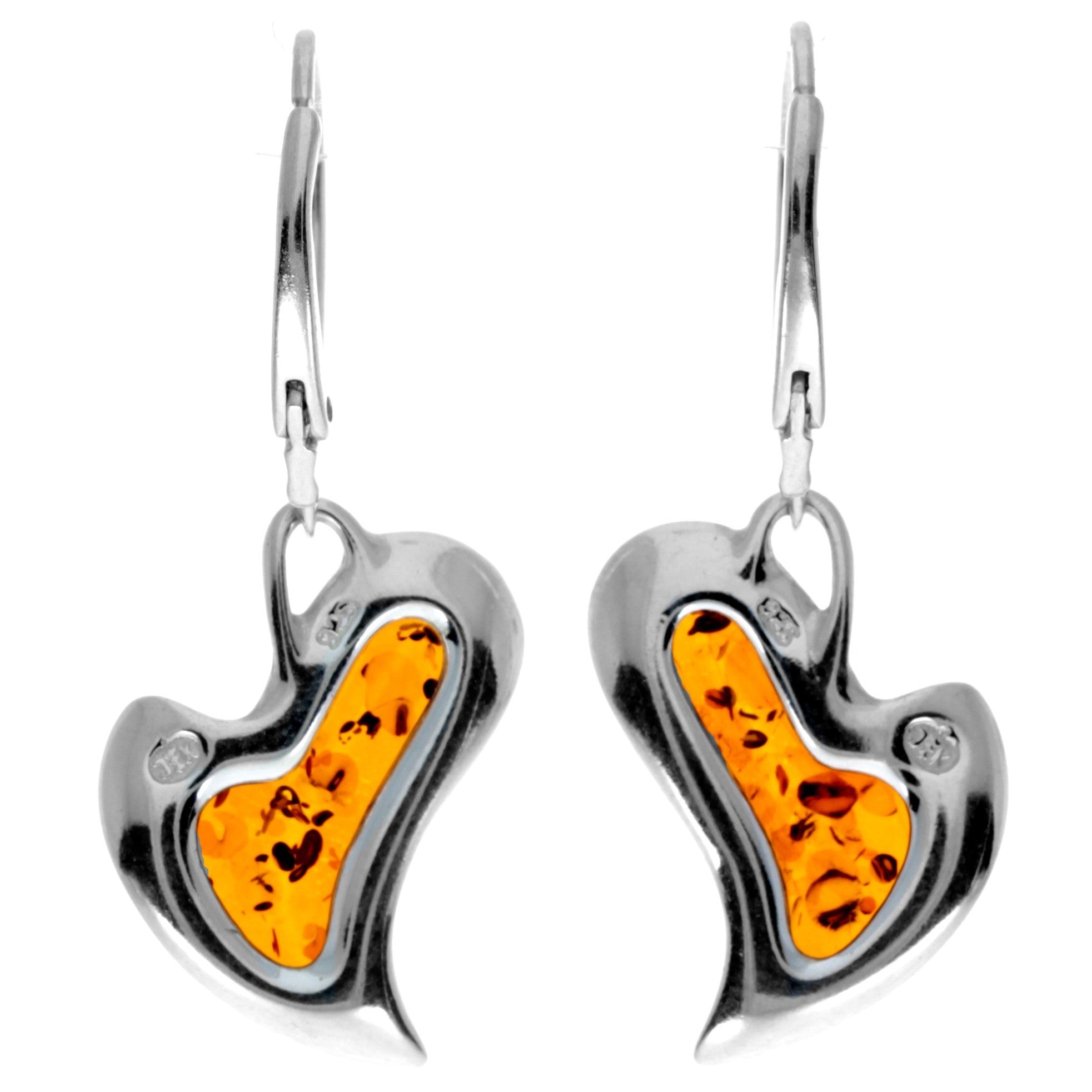 925 Sterling Silver & Genuine Baltic Amber Drop Modern Hearts Earrings - AC005D