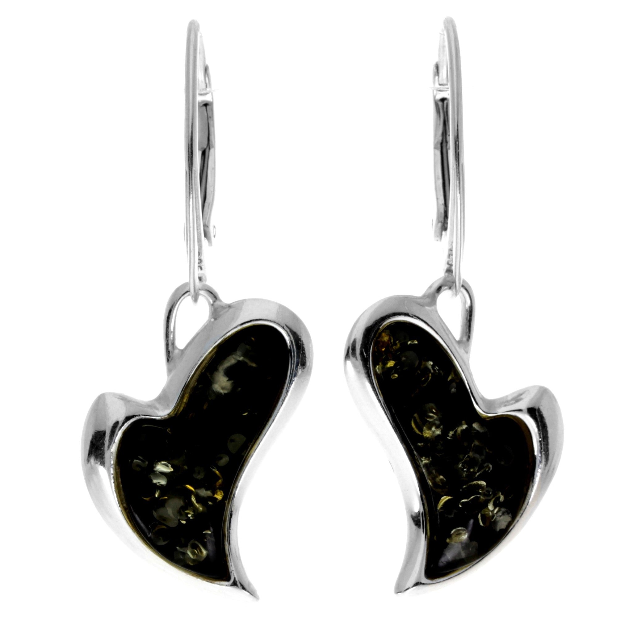 925 Sterling Silver & Genuine Baltic Amber Drop Modern Hearts Earrings - AC005D