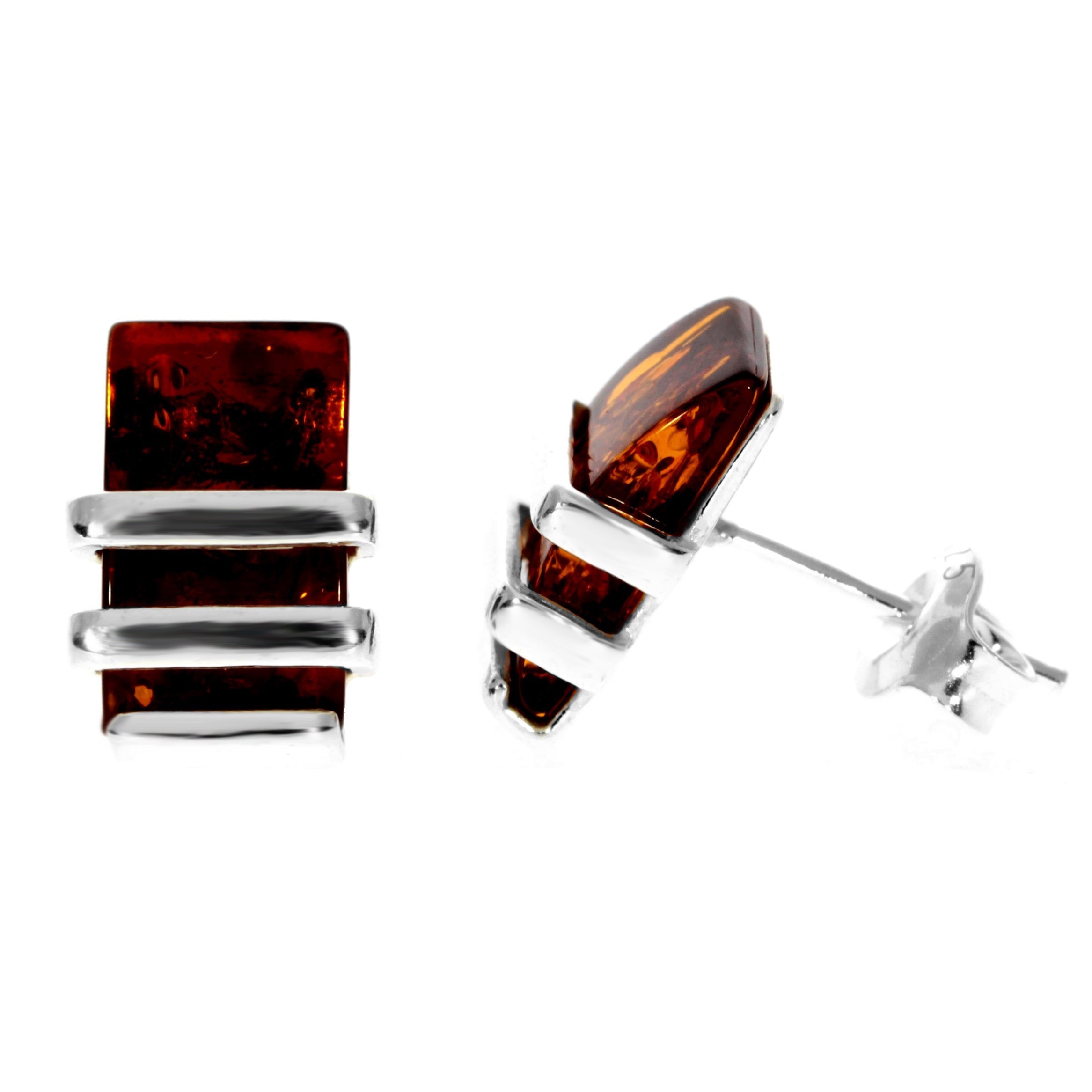 Sterling Silver & Genuine Baltic Amber Rectangular Studs Earrings  - AC009