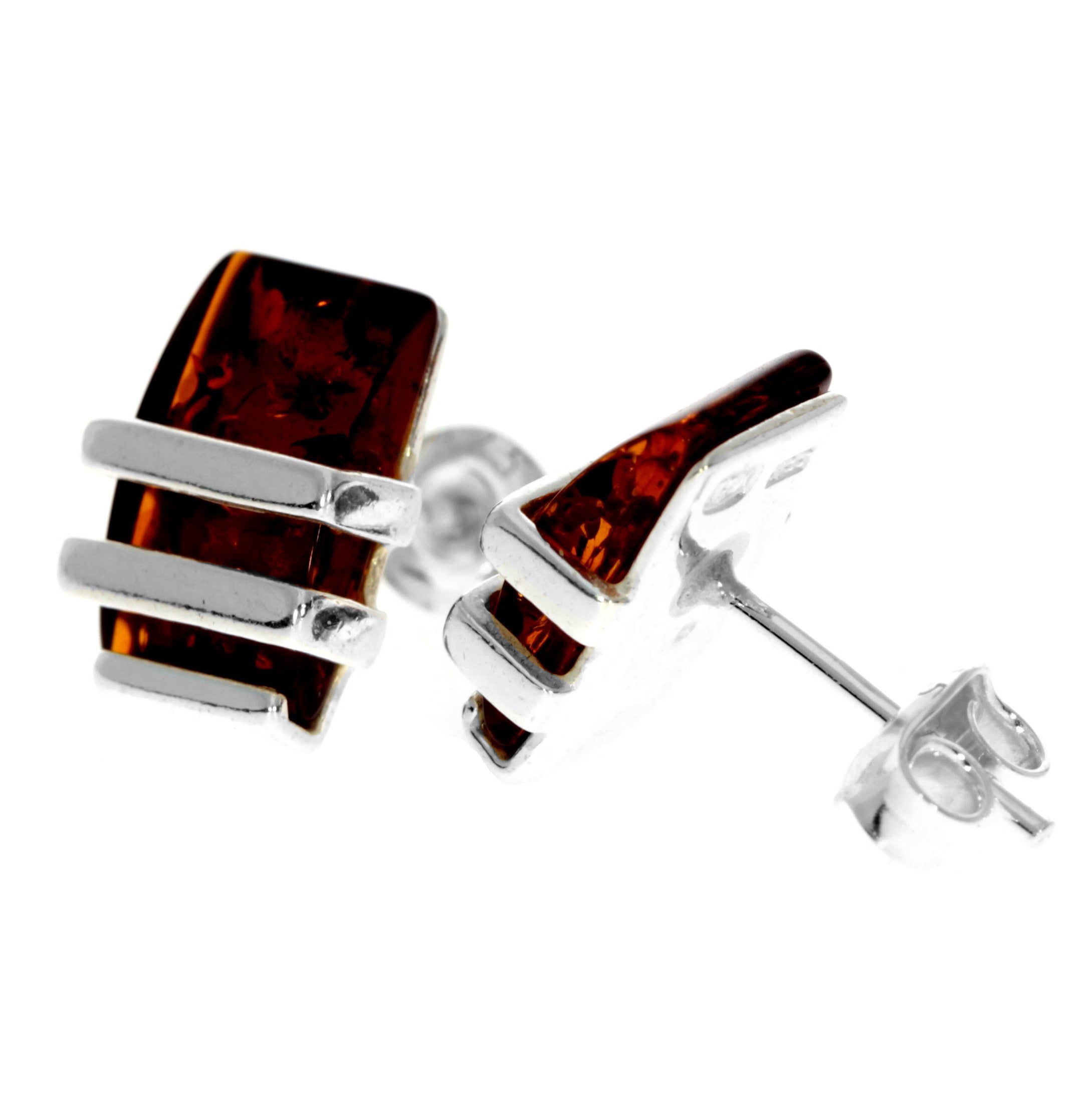 Sterling Silver & Genuine Baltic Amber Rectangular Studs Earrings  - AC009