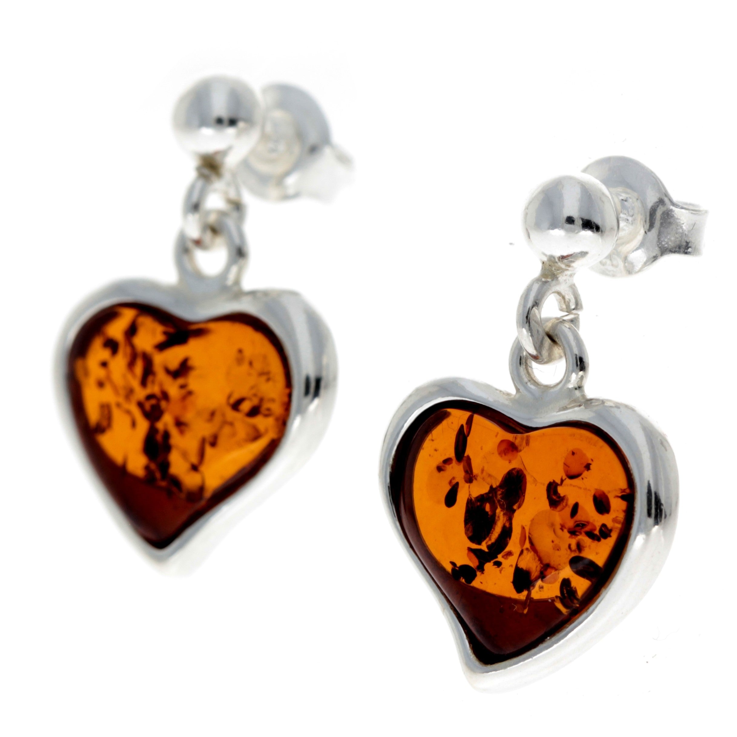 925 Sterling Silver & Genuine Baltic Amber Classic Hearts Drop Earrings - AC019