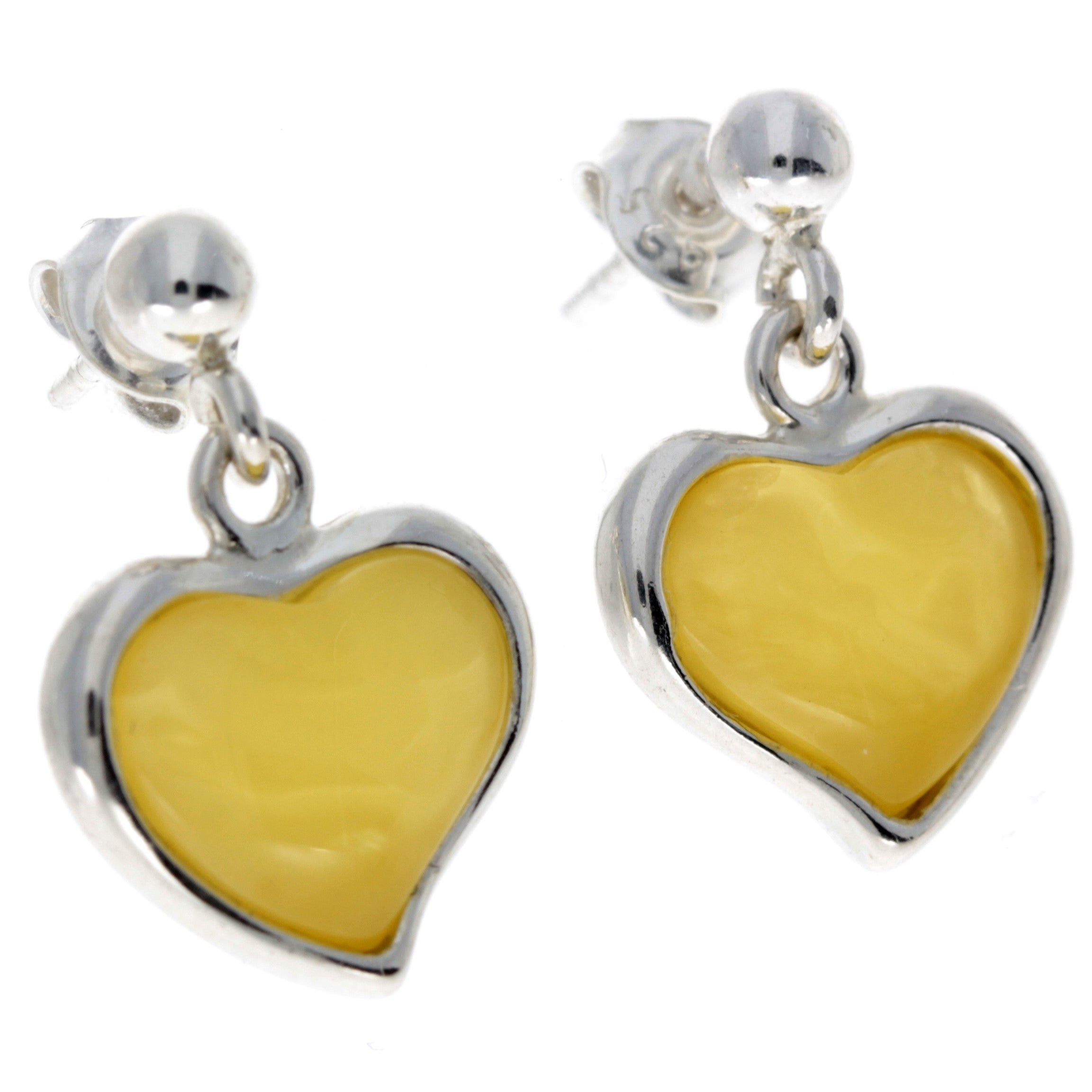 925 Sterling Silver & Genuine Baltic Amber Classic Hearts Drop Earrings - AC019