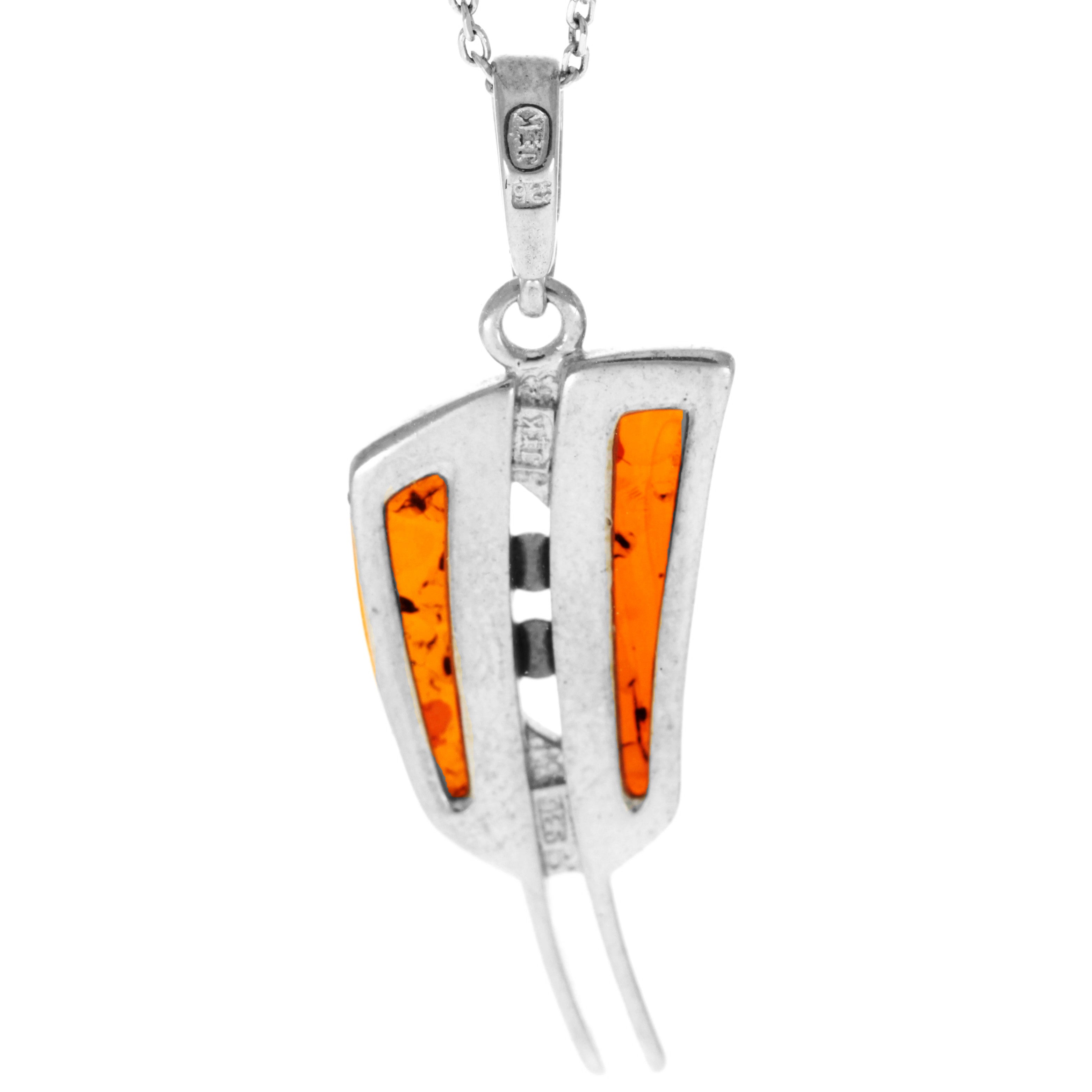 925 Sterling Silver & Genuine Baltic Amber Modern Drop Pendant with Zirconia - AC211