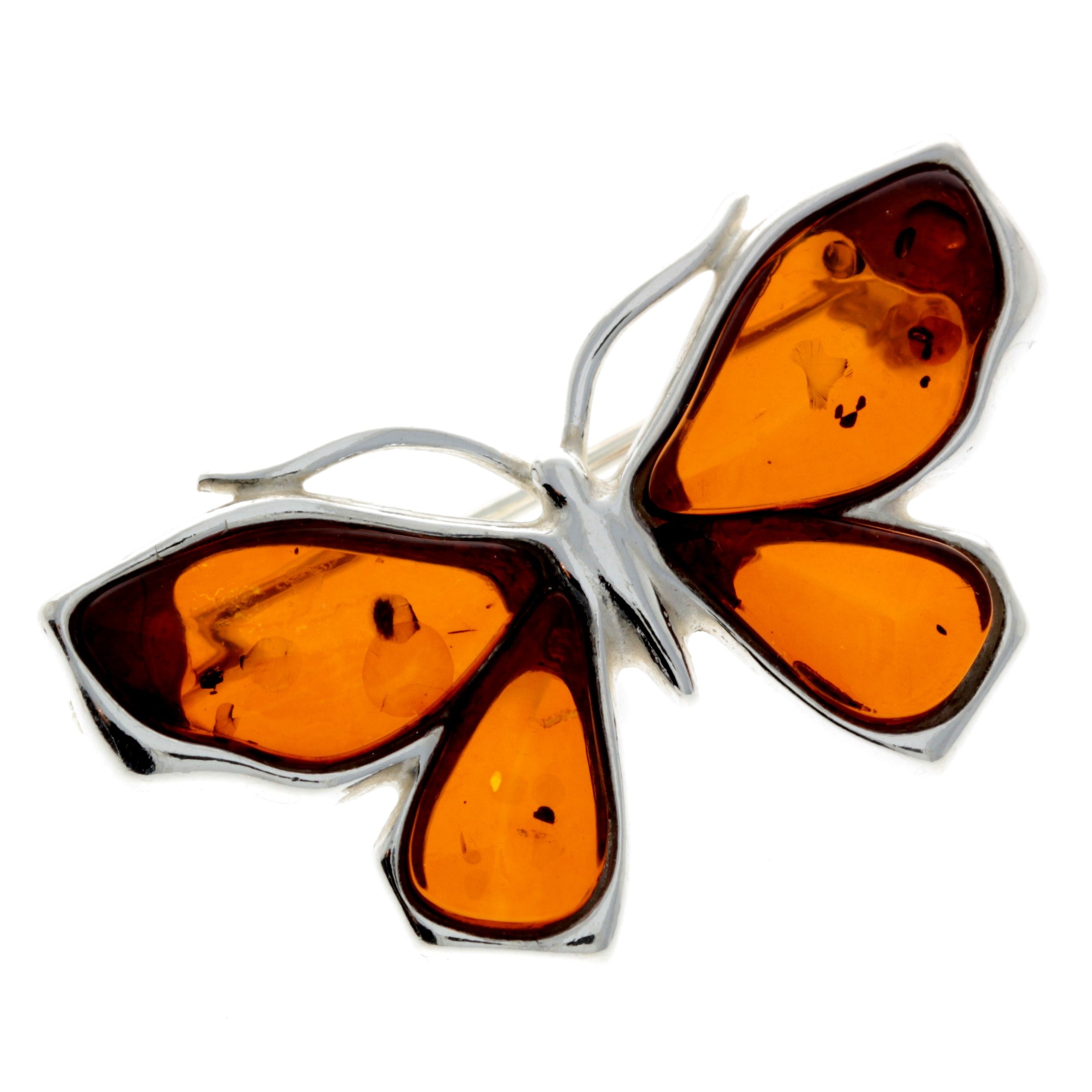 925 Sterling Silver & Baltic Amber Butterfly Engraved Brooch - AC800