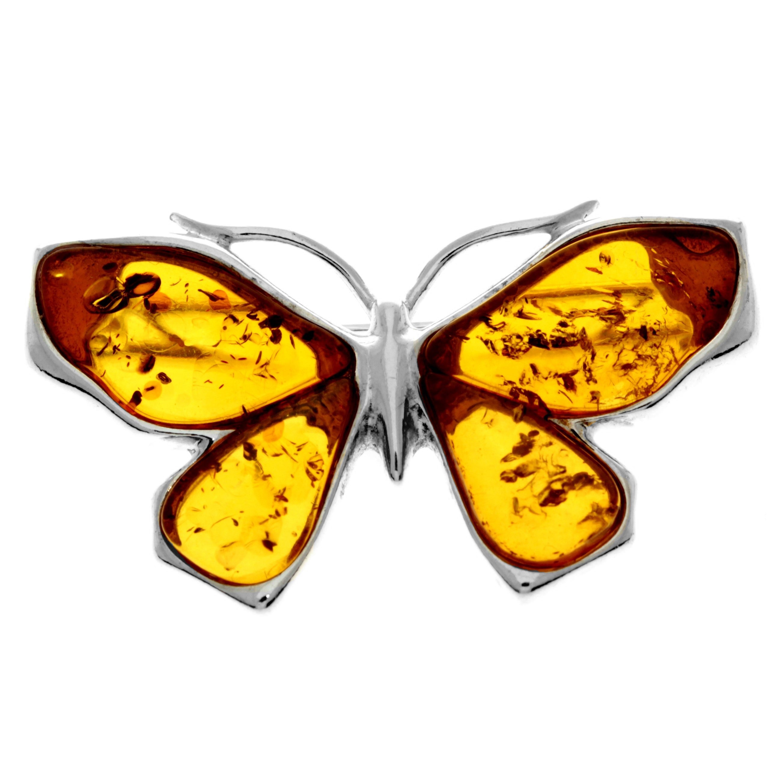 925 Sterling Silver & Baltic Amber Butterfly Engraved Brooch - AC800