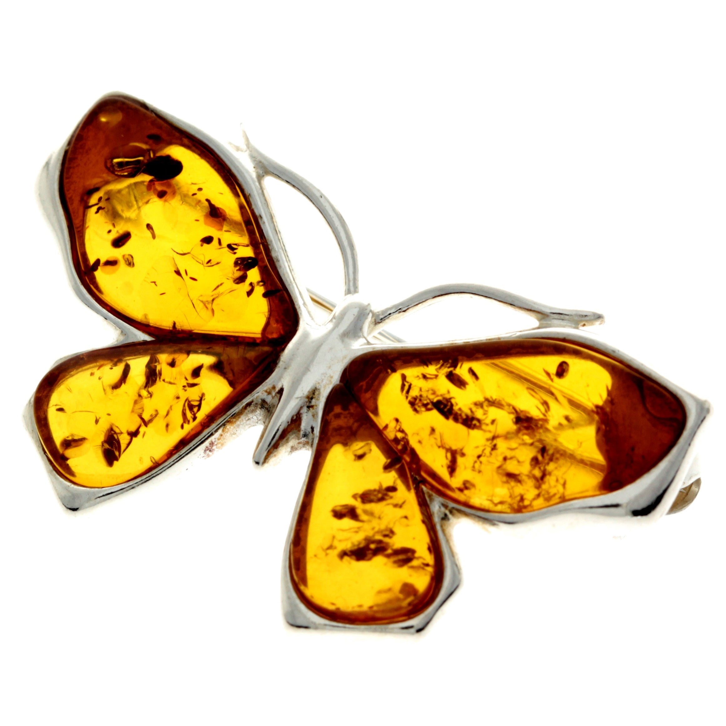 925 Sterling Silver & Baltic Amber Butterfly Engraved Brooch - AC800