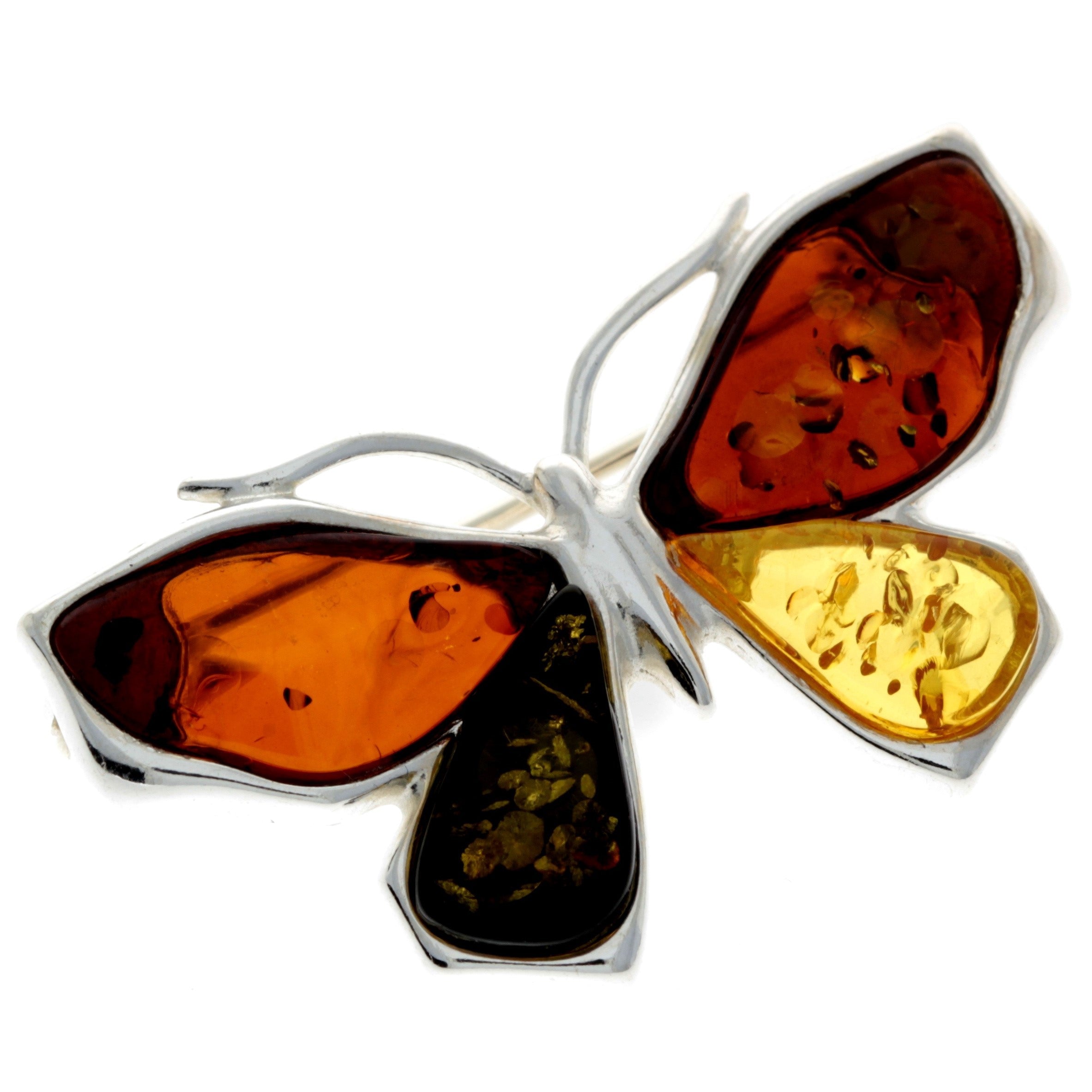 925 Sterling Silver & Baltic Amber Butterfly Engraved Brooch - AC800