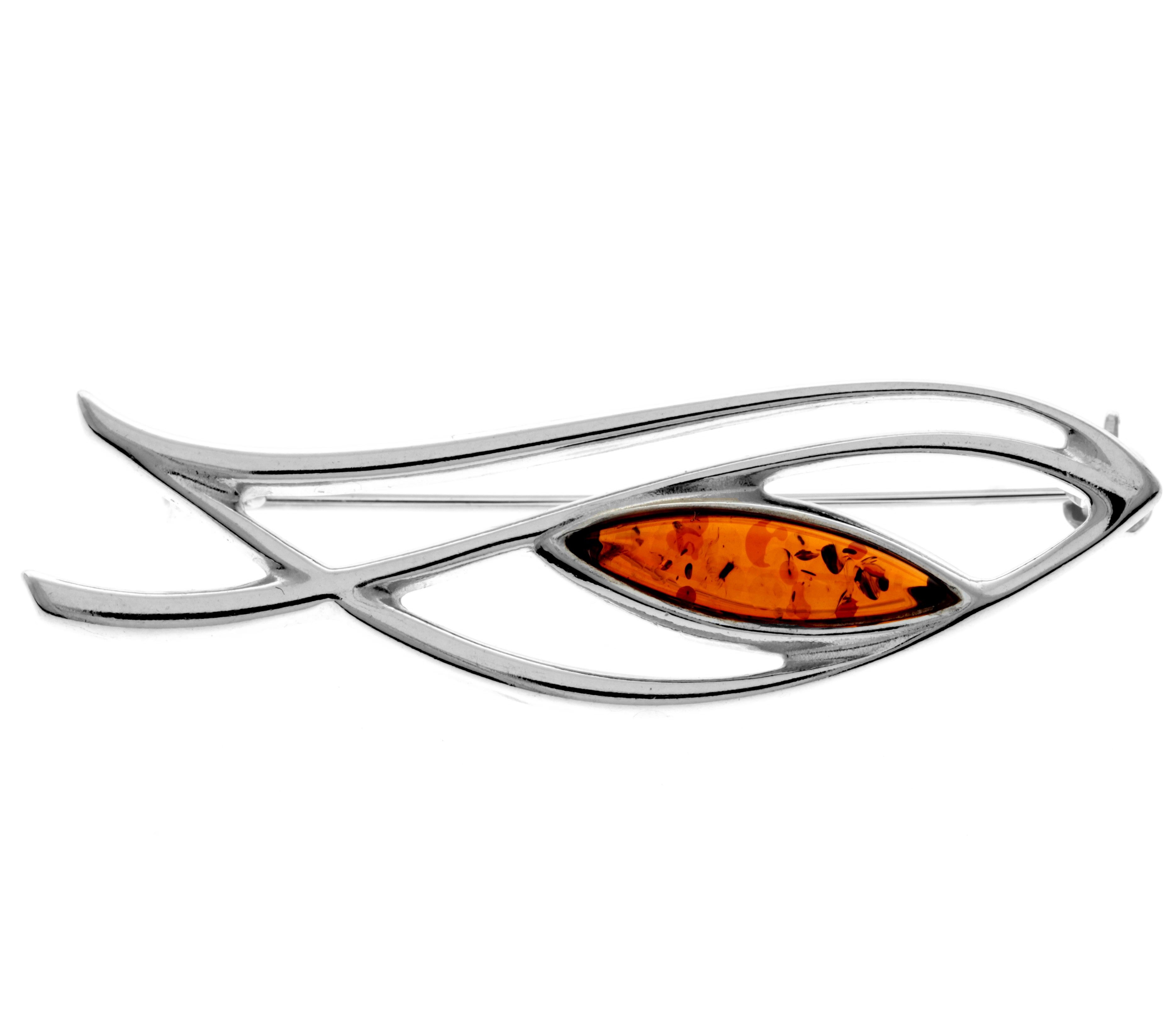 925 Sterling Silver & Genuine Baltic Amber Classic Brooch - AC804