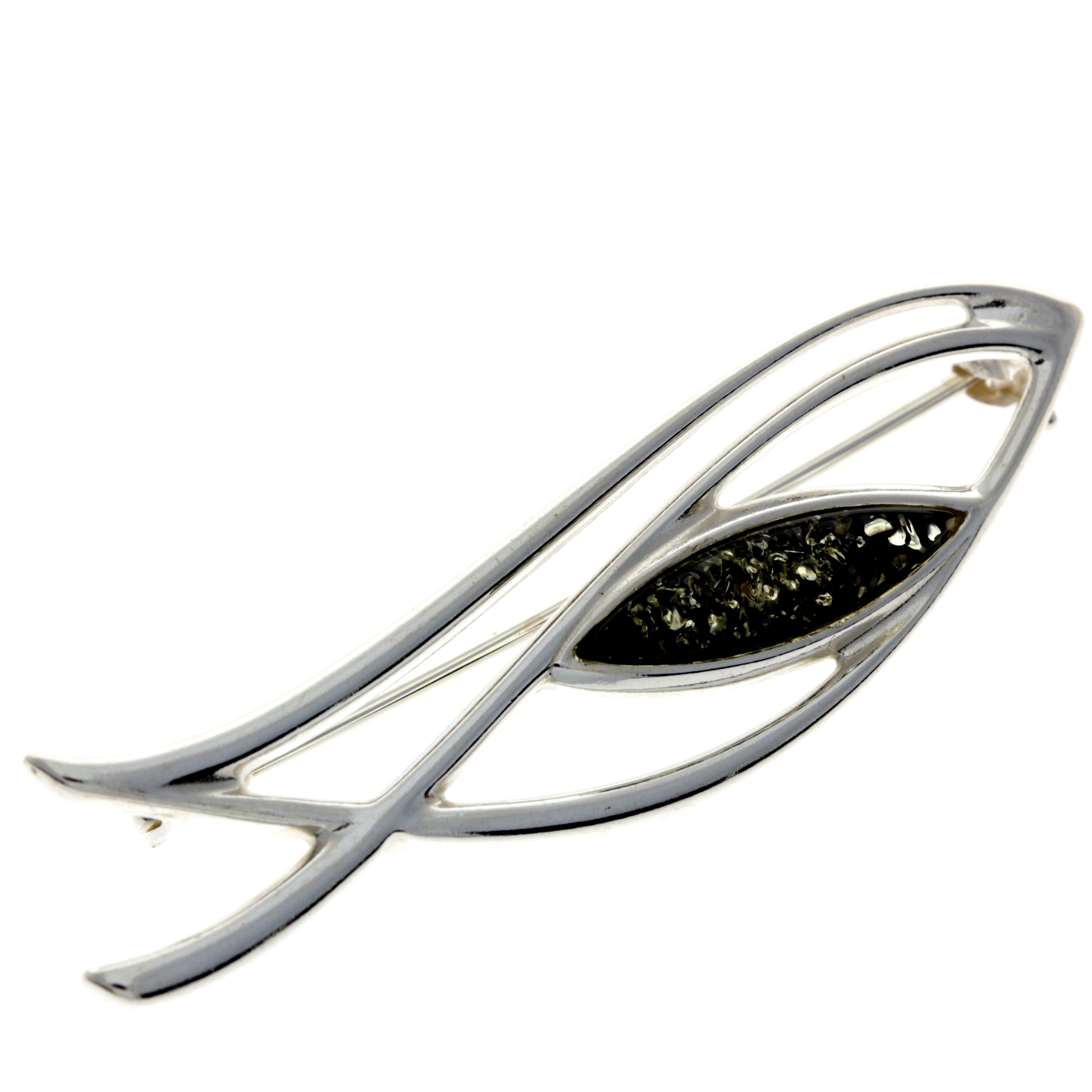 925 Sterling Silver & Genuine Baltic Amber Classic Brooch - AC804