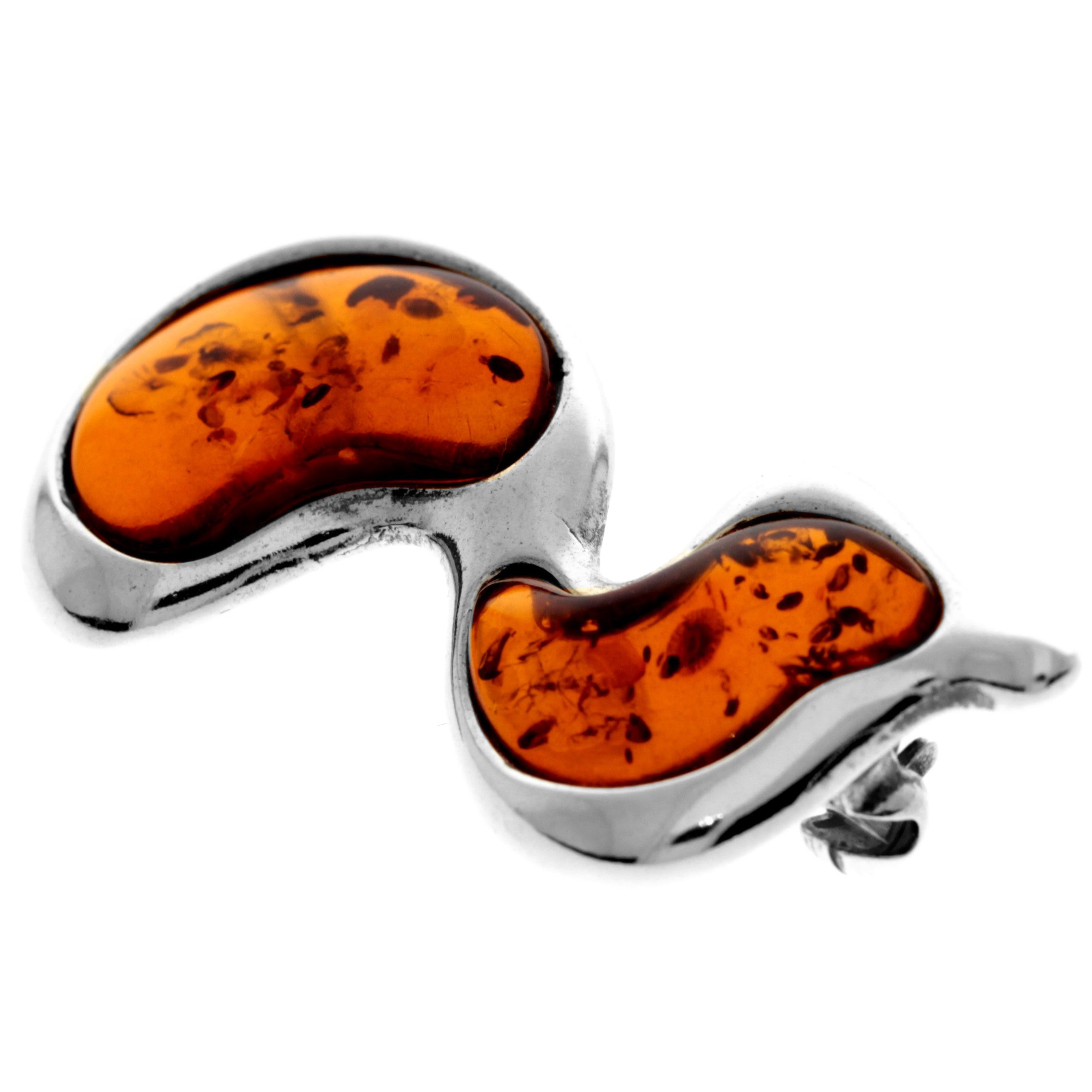 925 Sterling Silver & Genuine Baltic Amber 2 Stone Modern Brooch - AC805