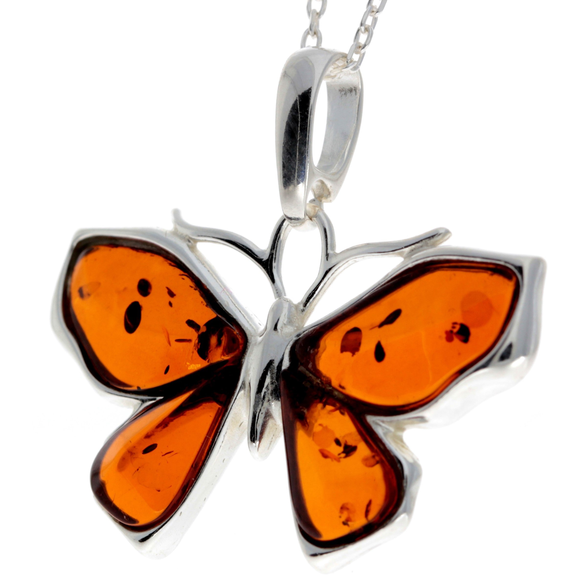 925 Sterling Silver & Genuine Baltic Amber Butterfly Pendant - AD217