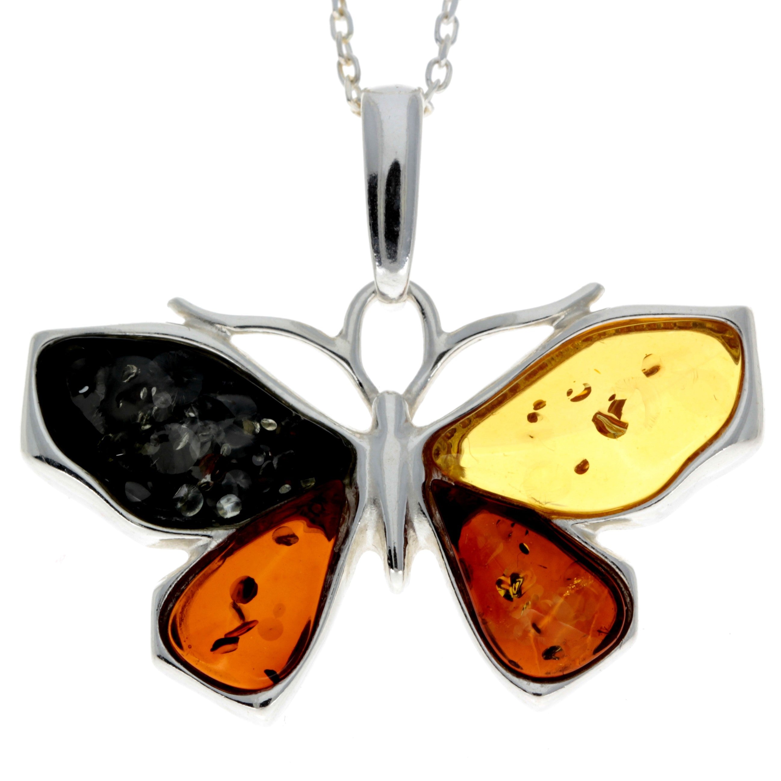 925 Sterling Silver & Genuine Baltic Amber Butterfly Pendant - AD217