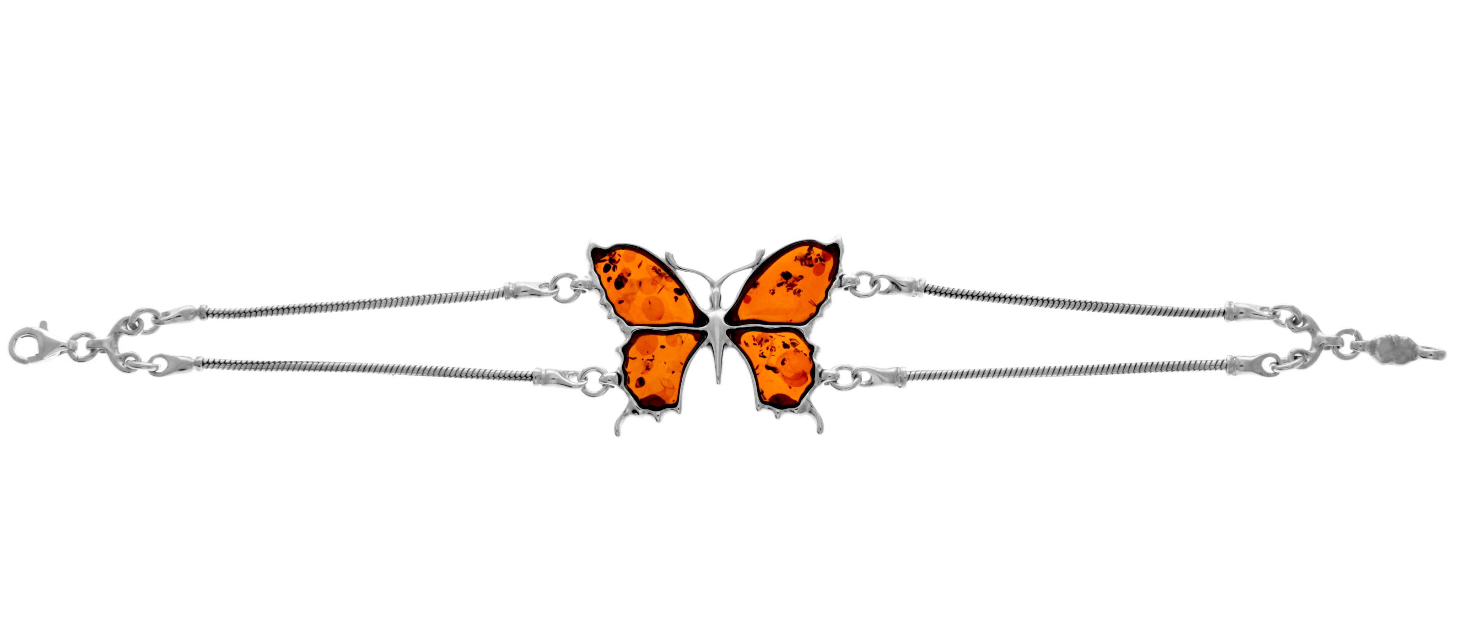 925 Sterling Silver & Genuine Baltic Amber Snake Chain Butterfly Exclusive Bracelet - AD500