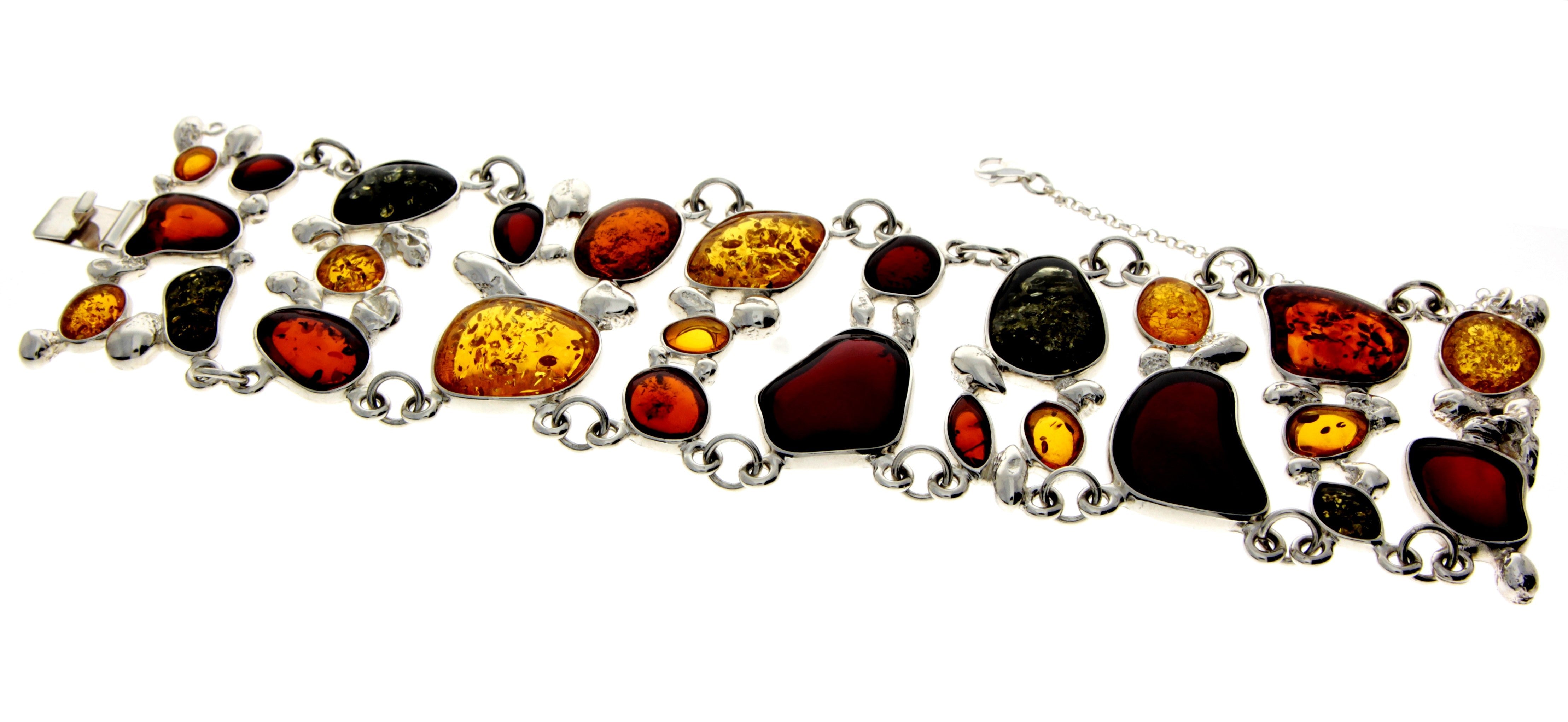 925 Sterling Silver & Genuine Baltic Amber Heavy Exclusive Link Bracelet - AD503