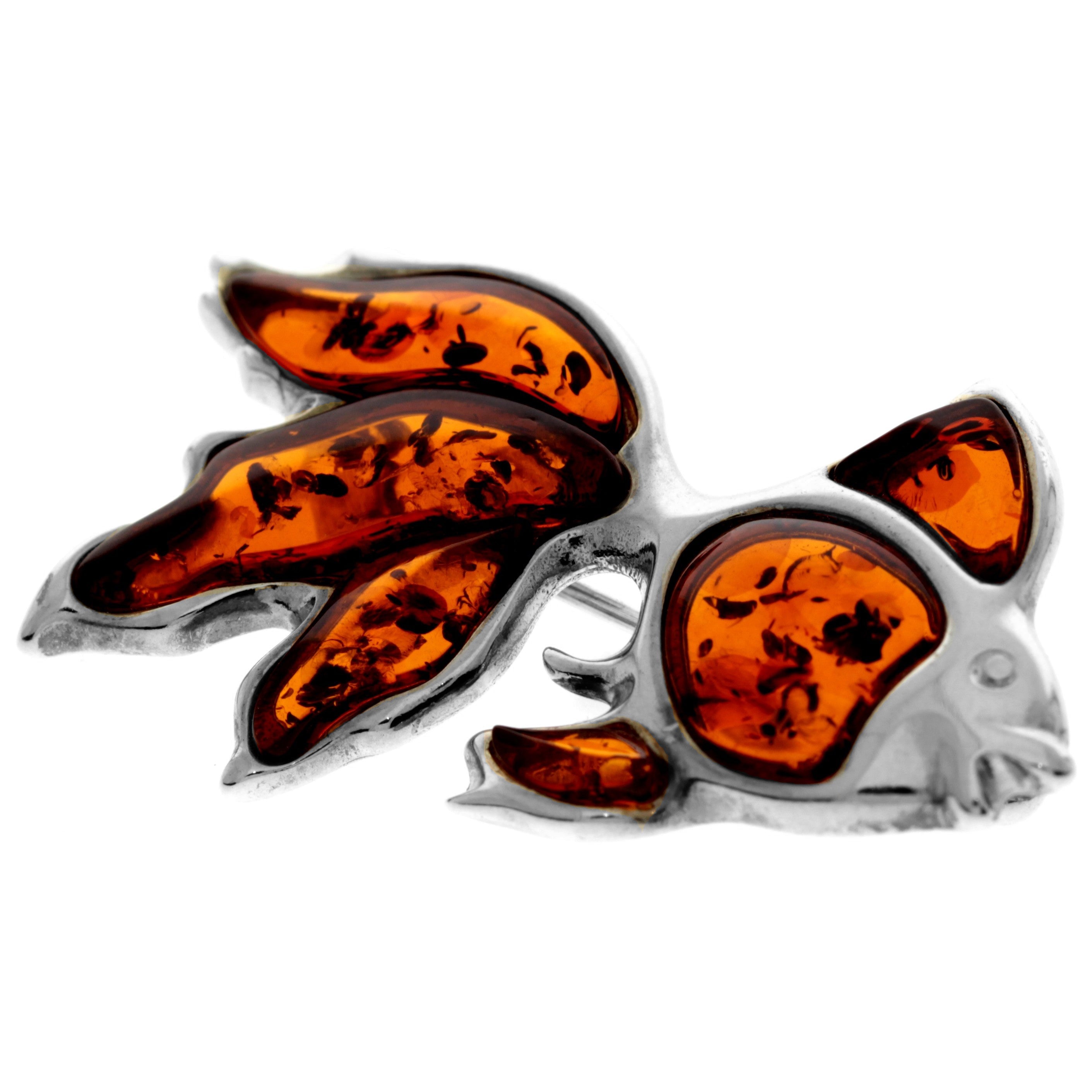 925 Sterling Silver & Genuine Baltic Amber Exclusive Fish Brooch - AD803