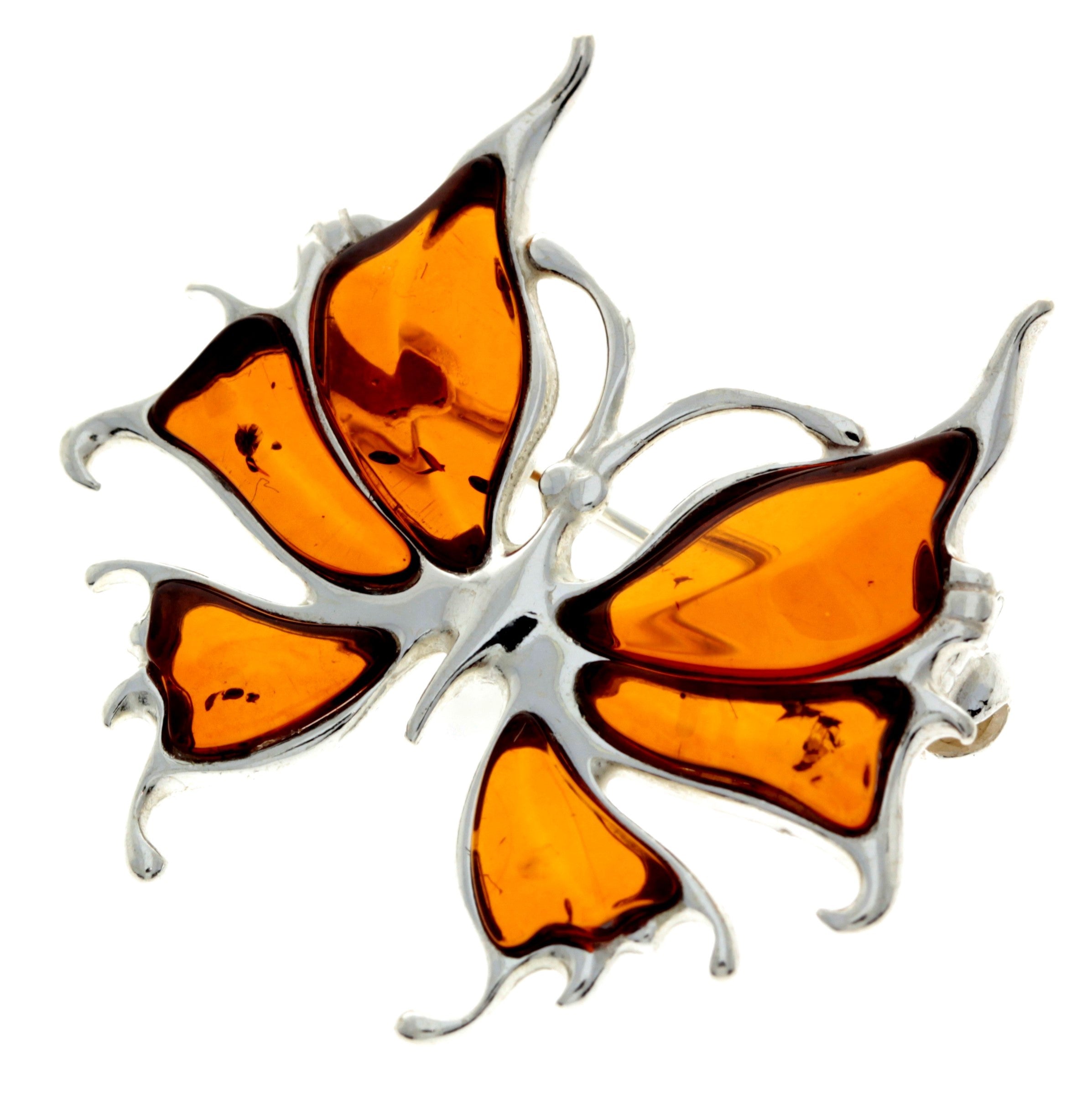 925 Sterling Silver & Genuine Baltic Amber Exclusive Small Butterfly Brooch - AD805S