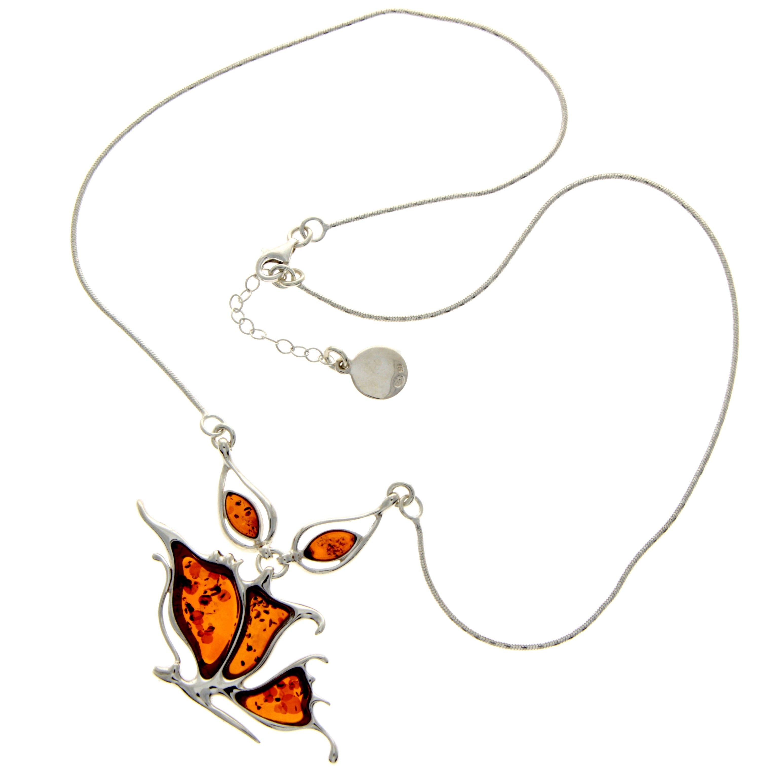 925 Sterling Silver & Genuine Baltic Amber Multi Stones Butterfly Modern Exclusive Necklace - AD901