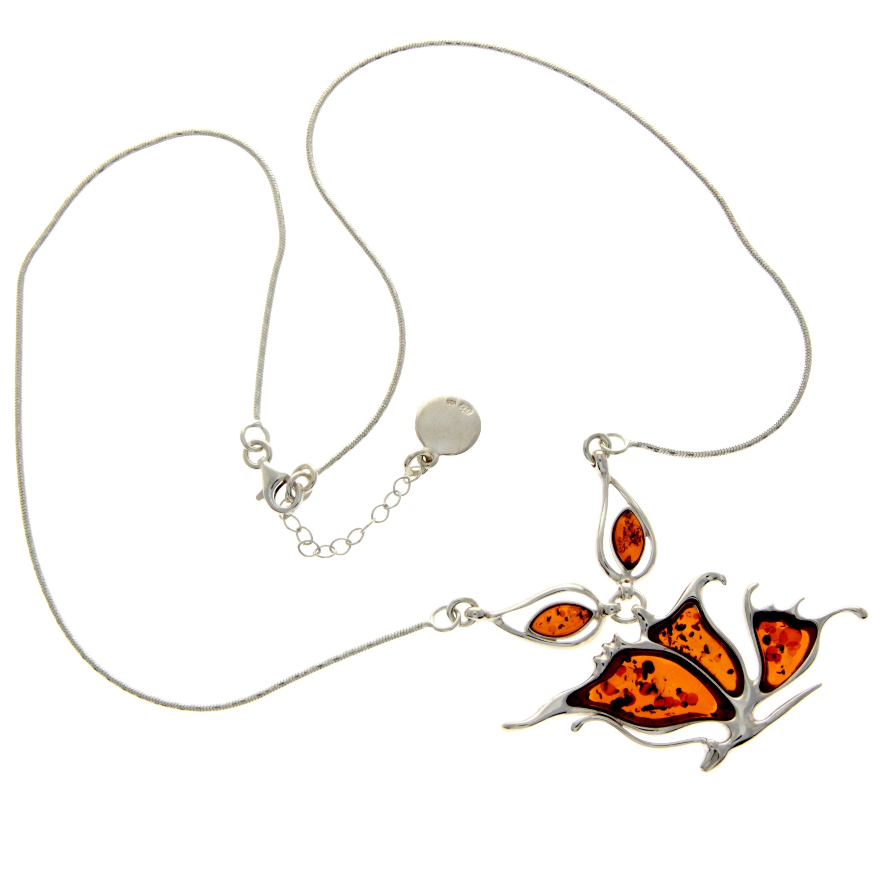 925 Sterling Silver & Genuine Baltic Amber Multi Stones Butterfly Modern Exclusive Necklace - AD901