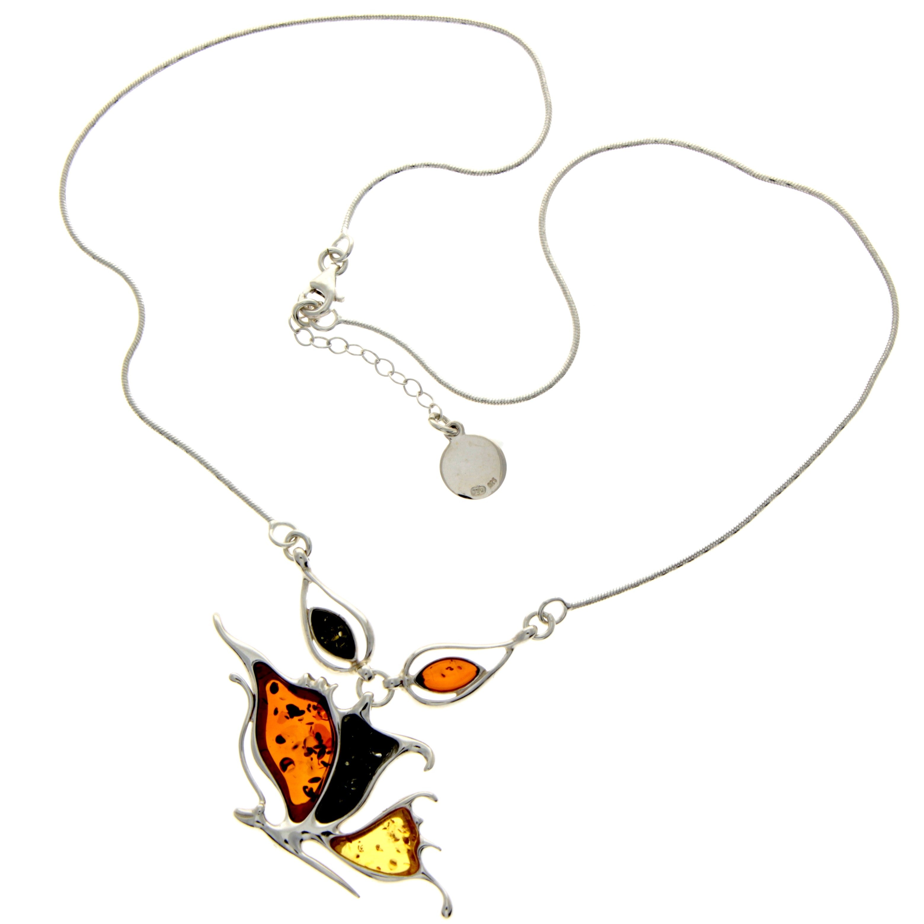 925 Sterling Silver & Genuine Baltic Amber Multi Stones Butterfly Modern Exclusive Necklace - AD901