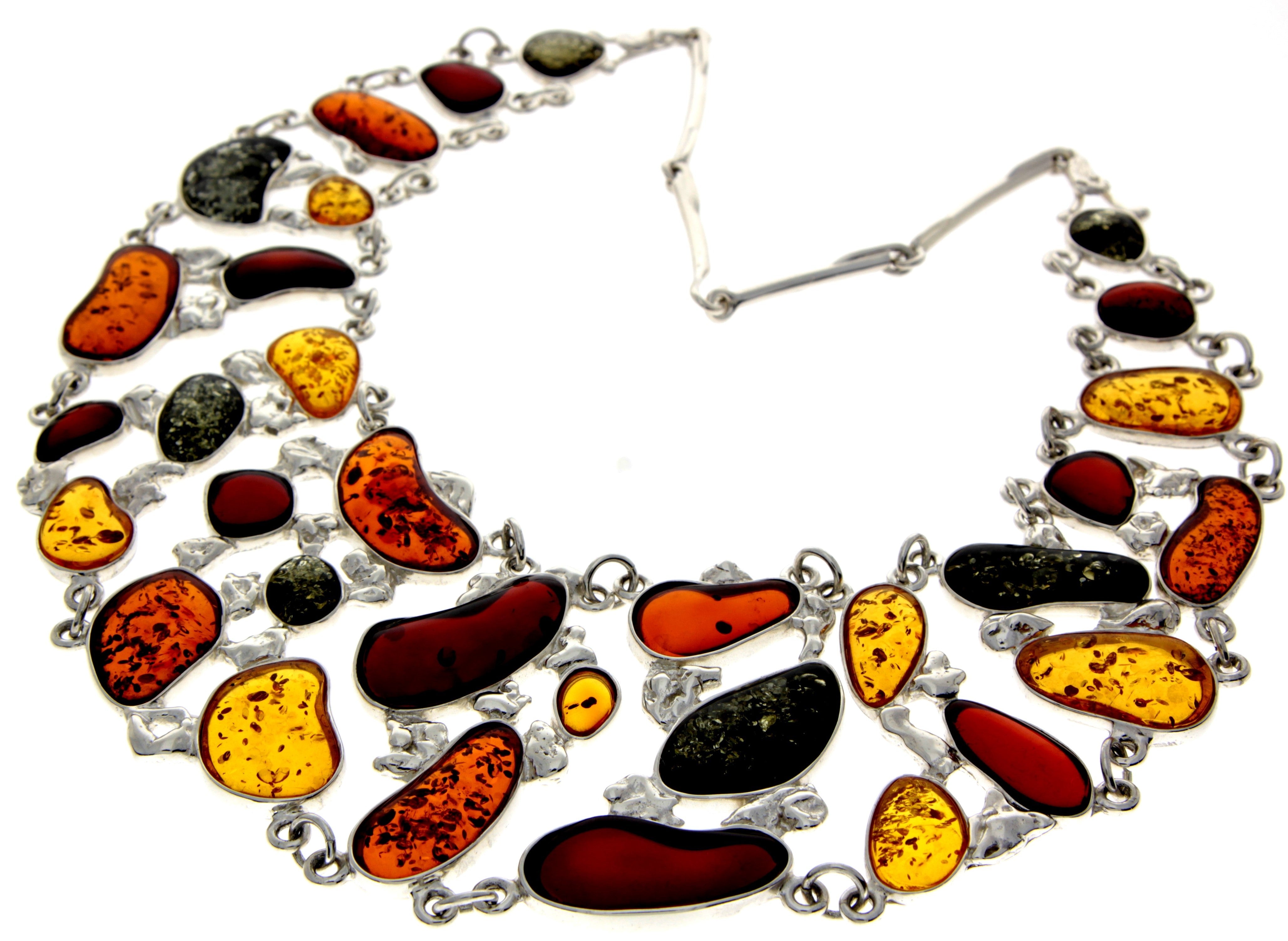 925 Sterling Silver & Genuine Baltic Amber Multi Stones Unique Heavy Exclusive Necklace - AD907