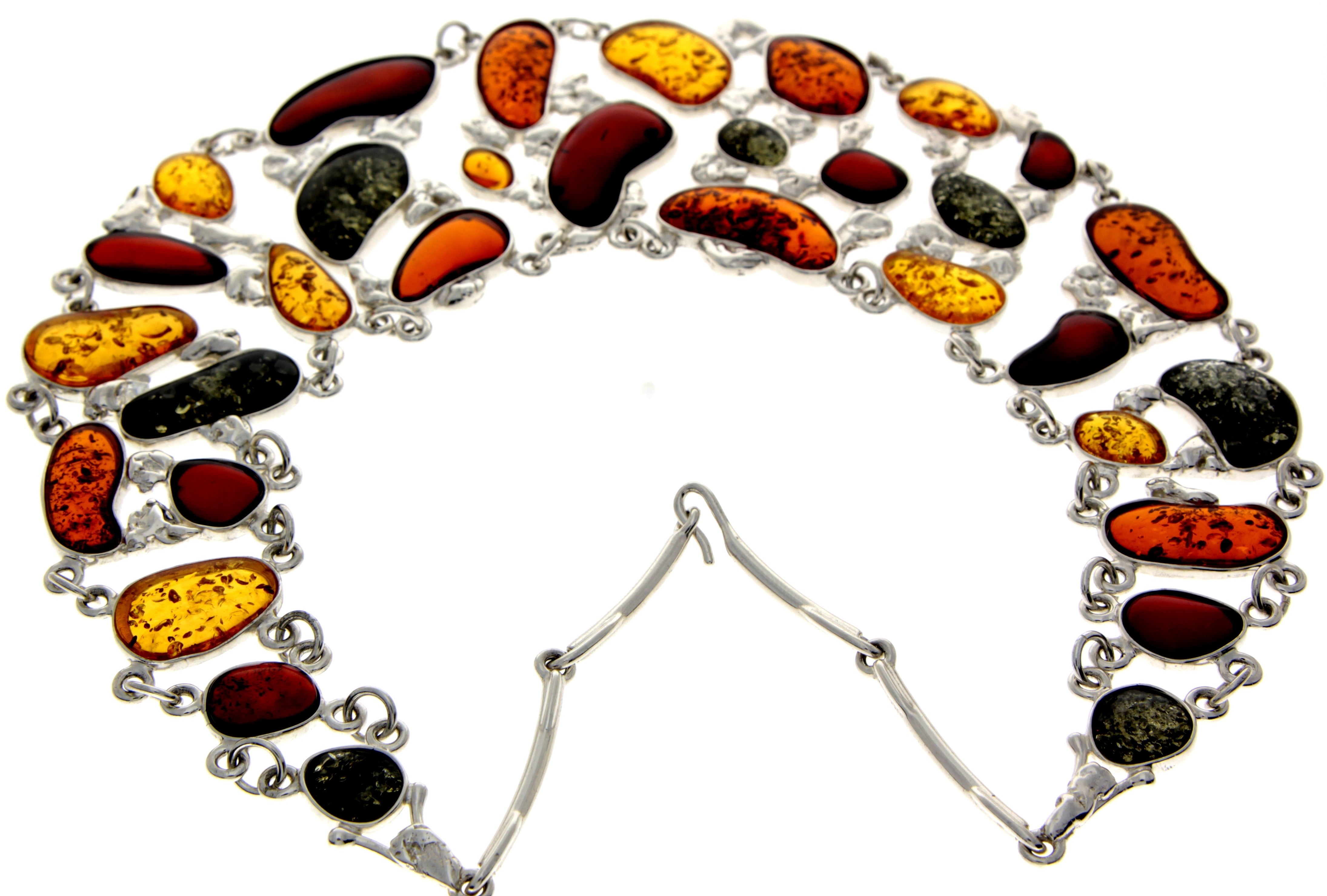 925 Sterling Silver & Genuine Baltic Amber Multi Stones Unique Heavy Exclusive Necklace - AD907