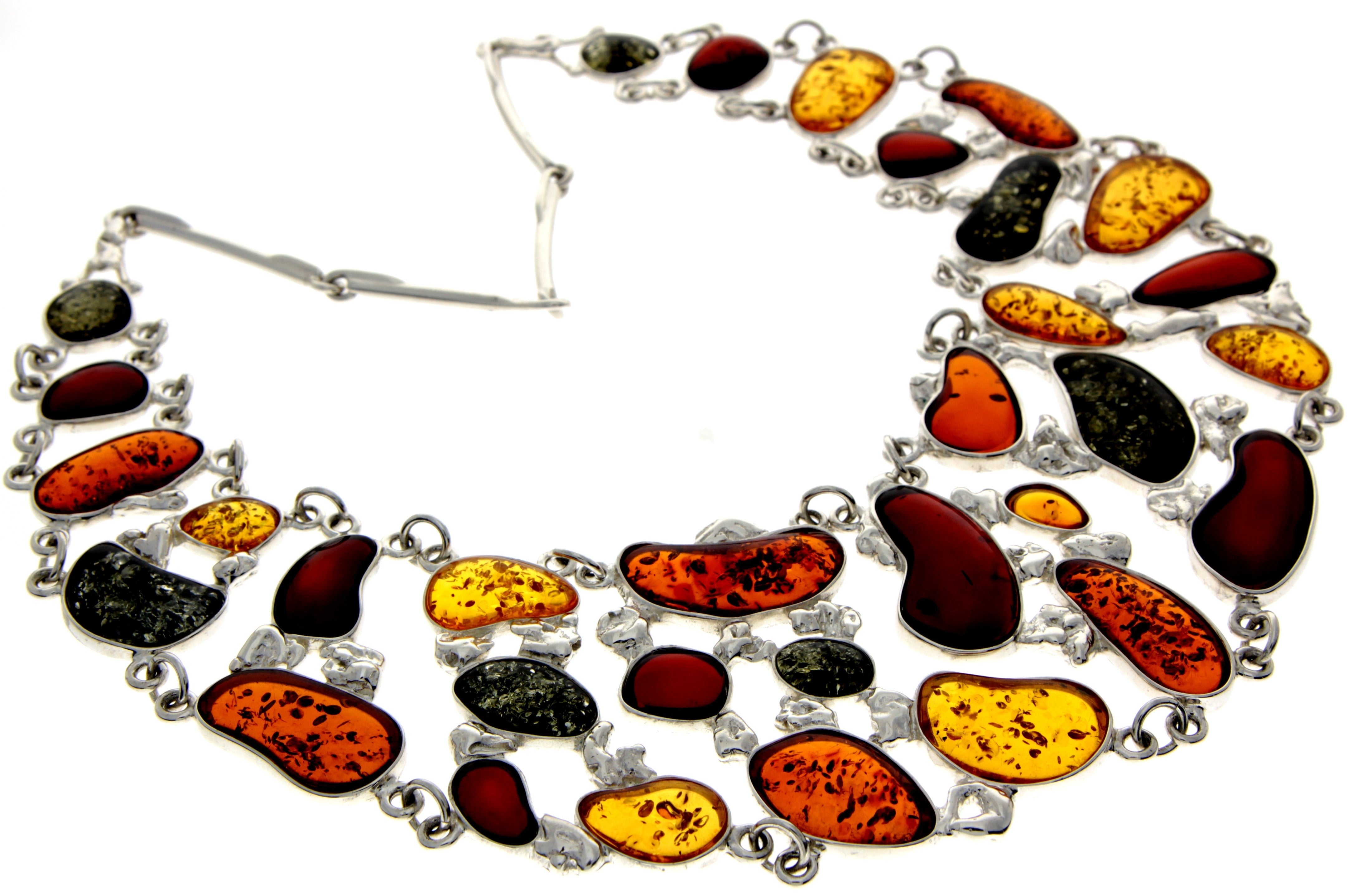 925 Sterling Silver & Genuine Baltic Amber Multi Stones Unique Heavy Exclusive Necklace - AD907