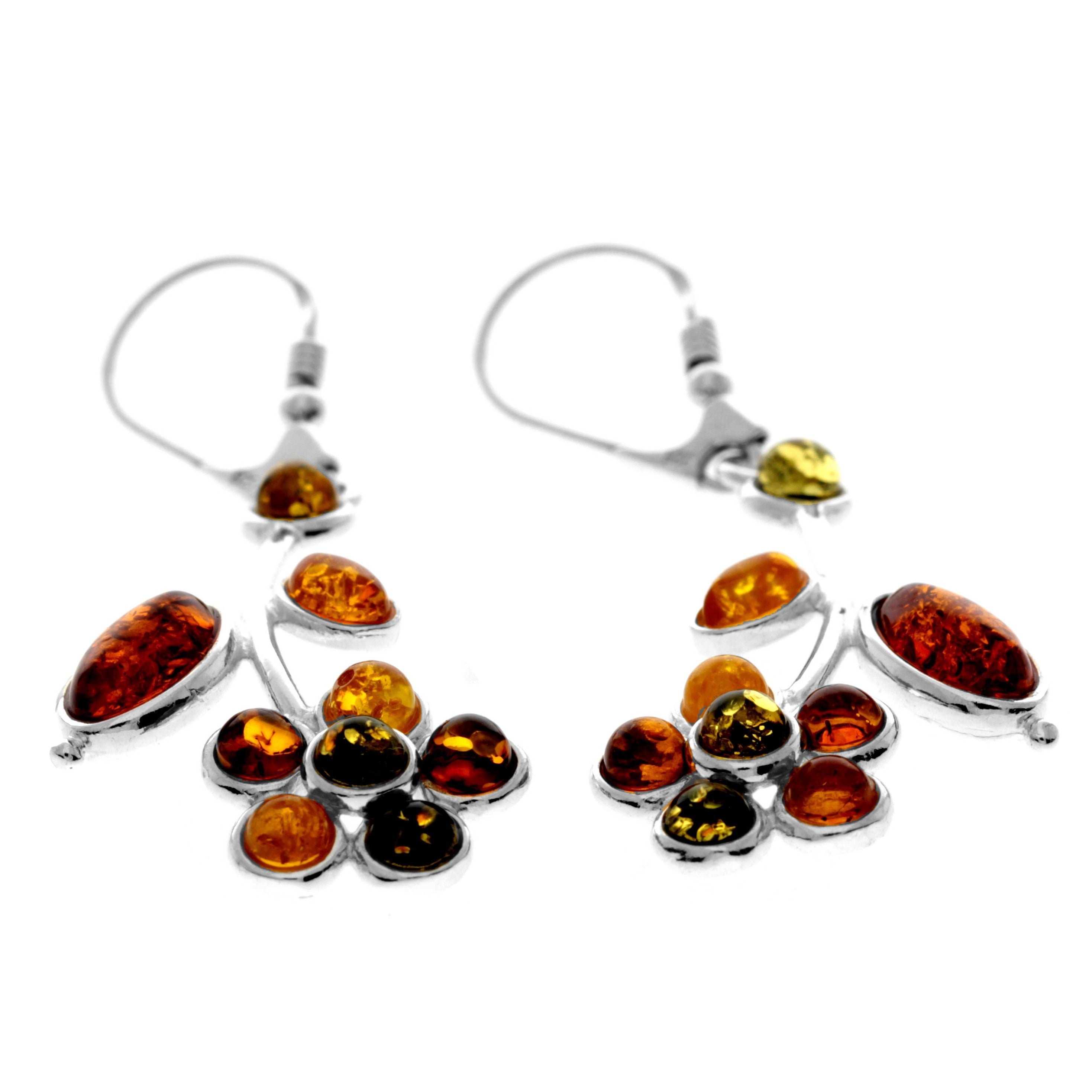 925 Sterling Silver & Genuine Baltic Amber Flower Drop Lever Back Earrings - AE13M