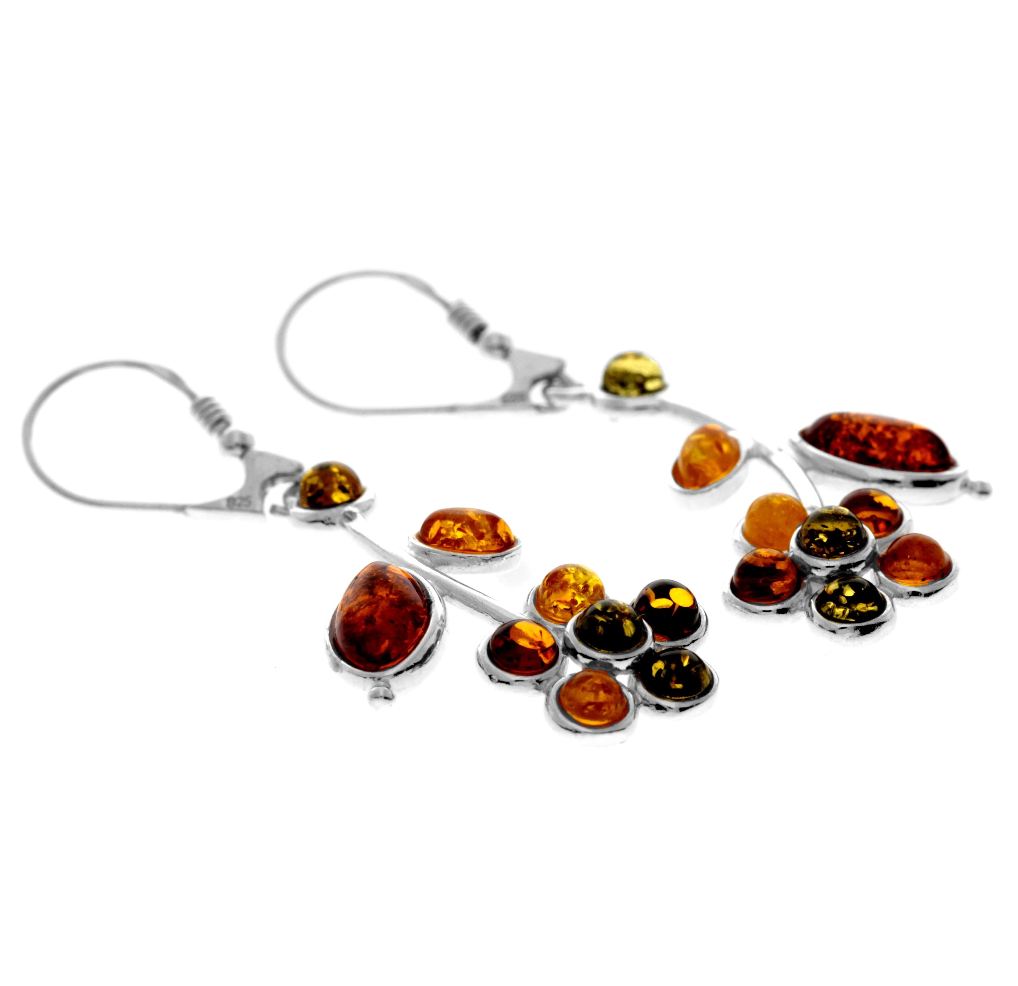 925 Sterling Silver & Genuine Baltic Amber Flower Drop Lever Back Earrings - AE13M