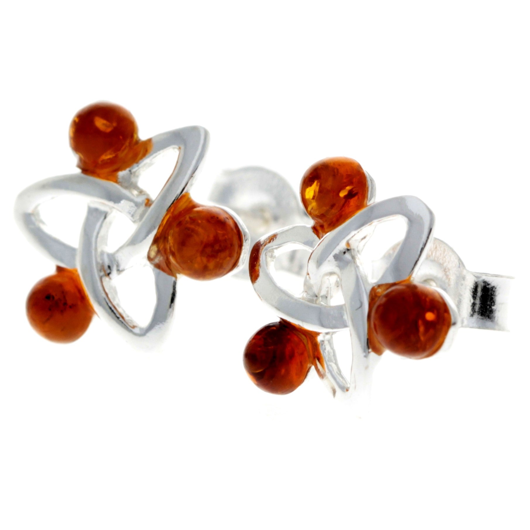 925 Sterling Silver & Genuine Baltic Amber 3 Stone Celtic Studs Earrings - AE2