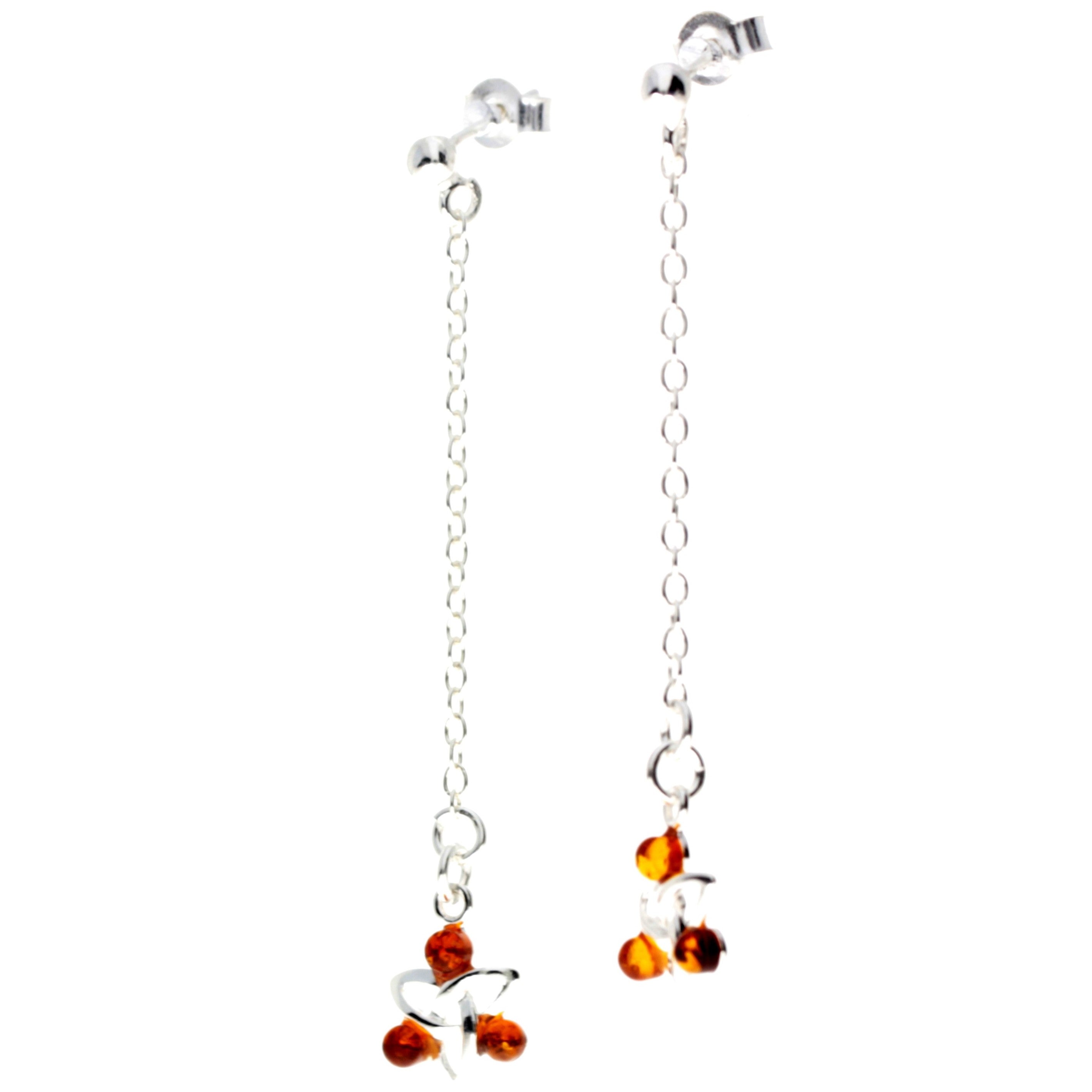 925 Sterling Silver & Genuine Baltic Amber 3 Stone Celtic Drop Earrings - AE2D