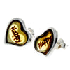 925 Sterling Silver & Baltic Amber Classic Heart Engraved Heart Studs Earrings - AC004