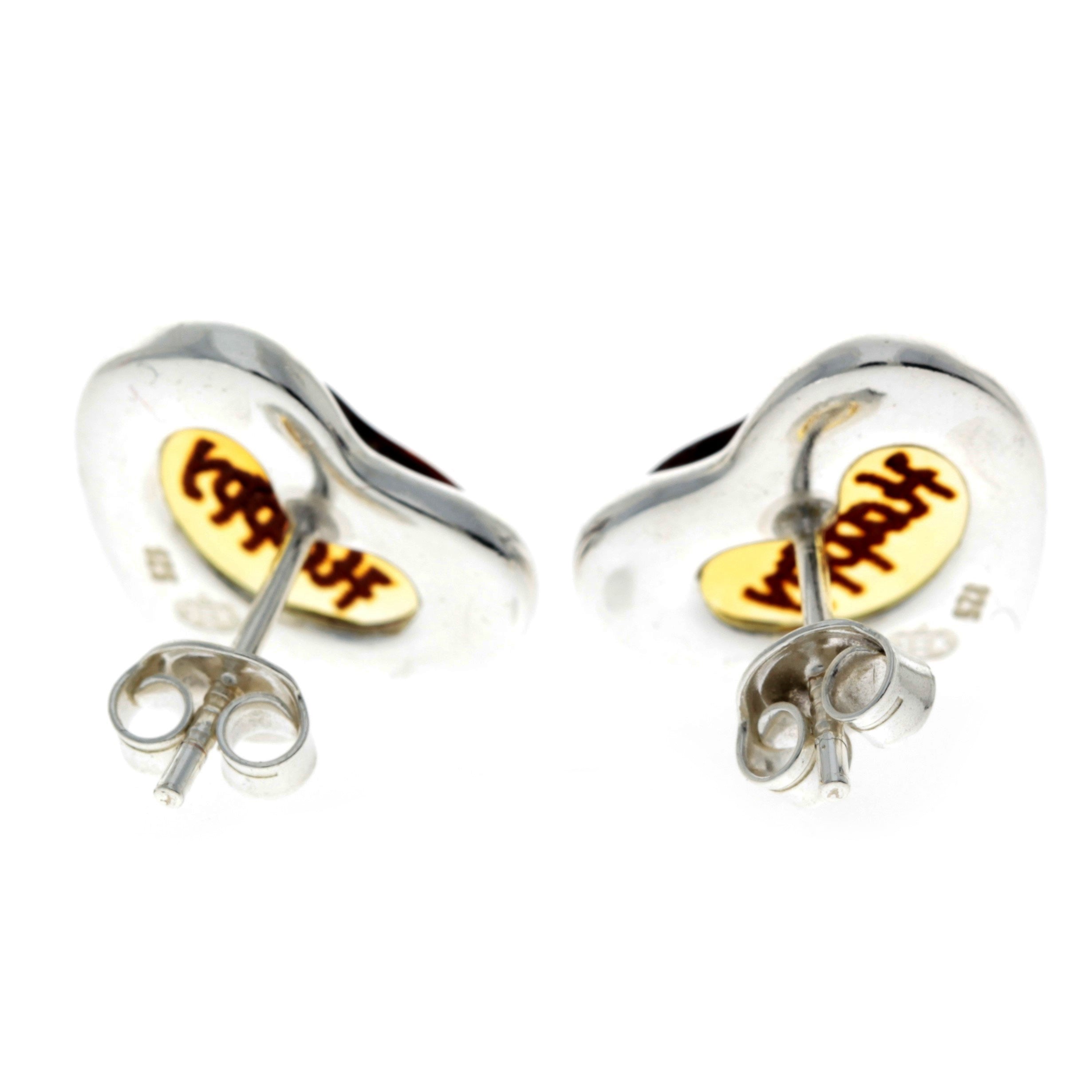 925 Sterling Silver & Baltic Amber Classic Heart Engraved Heart Studs Earrings - AC004