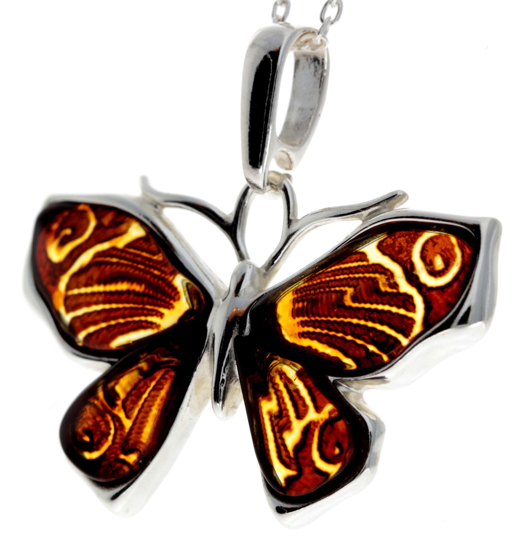 925 Sterling Silver & Genuine Baltic Amber Butterfly Pendant - AD217