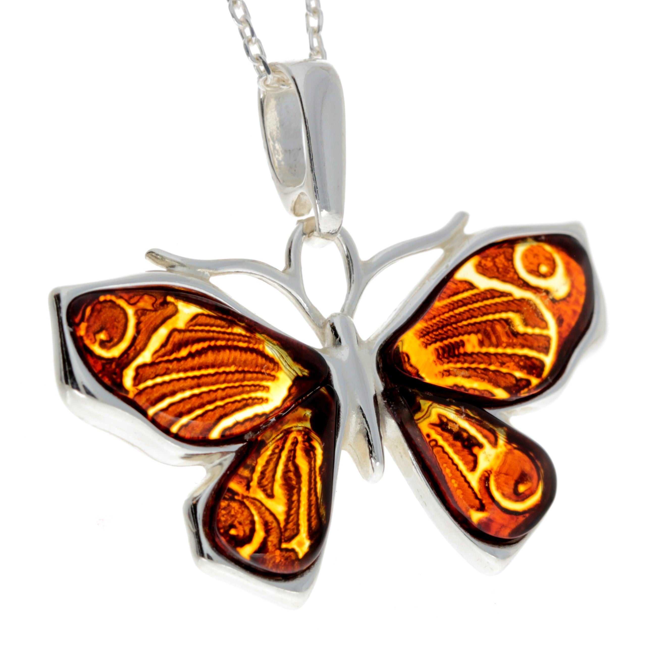 925 Sterling Silver & Genuine Baltic Amber Butterfly Pendant - AD217