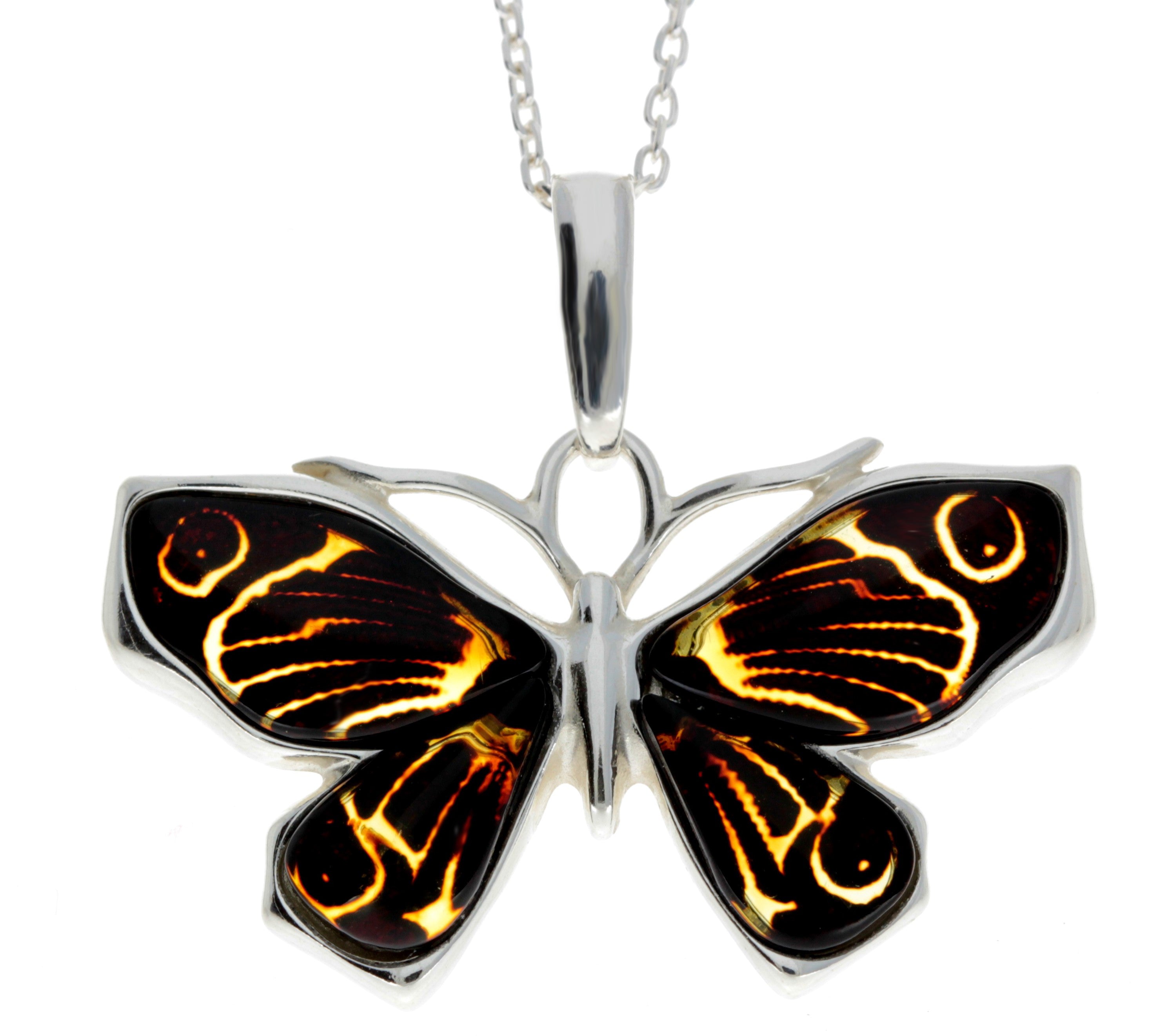 925 Sterling Silver & Genuine Baltic Amber Butterfly Pendant - AD217