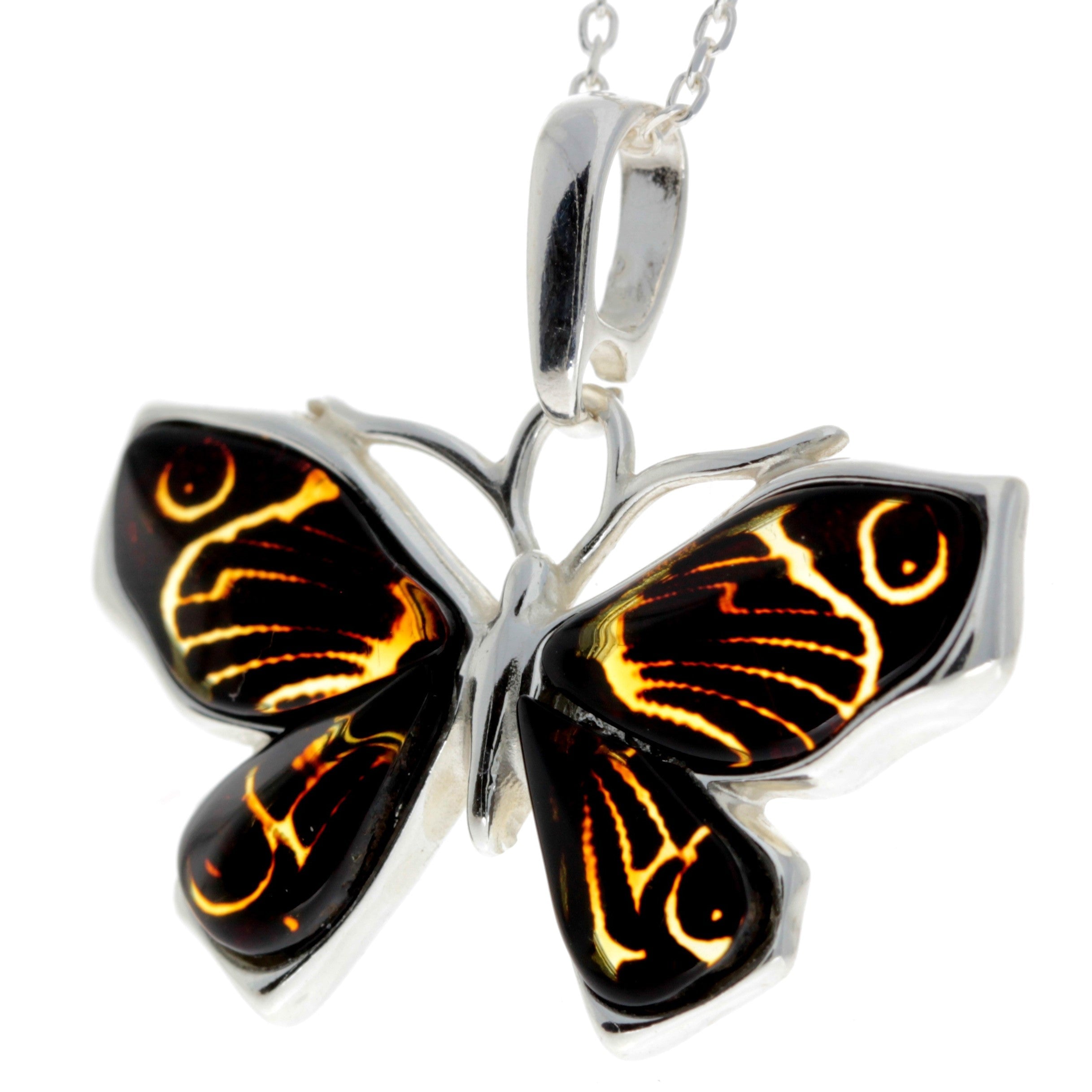 925 Sterling Silver & Genuine Baltic Amber Butterfly Pendant - AD217