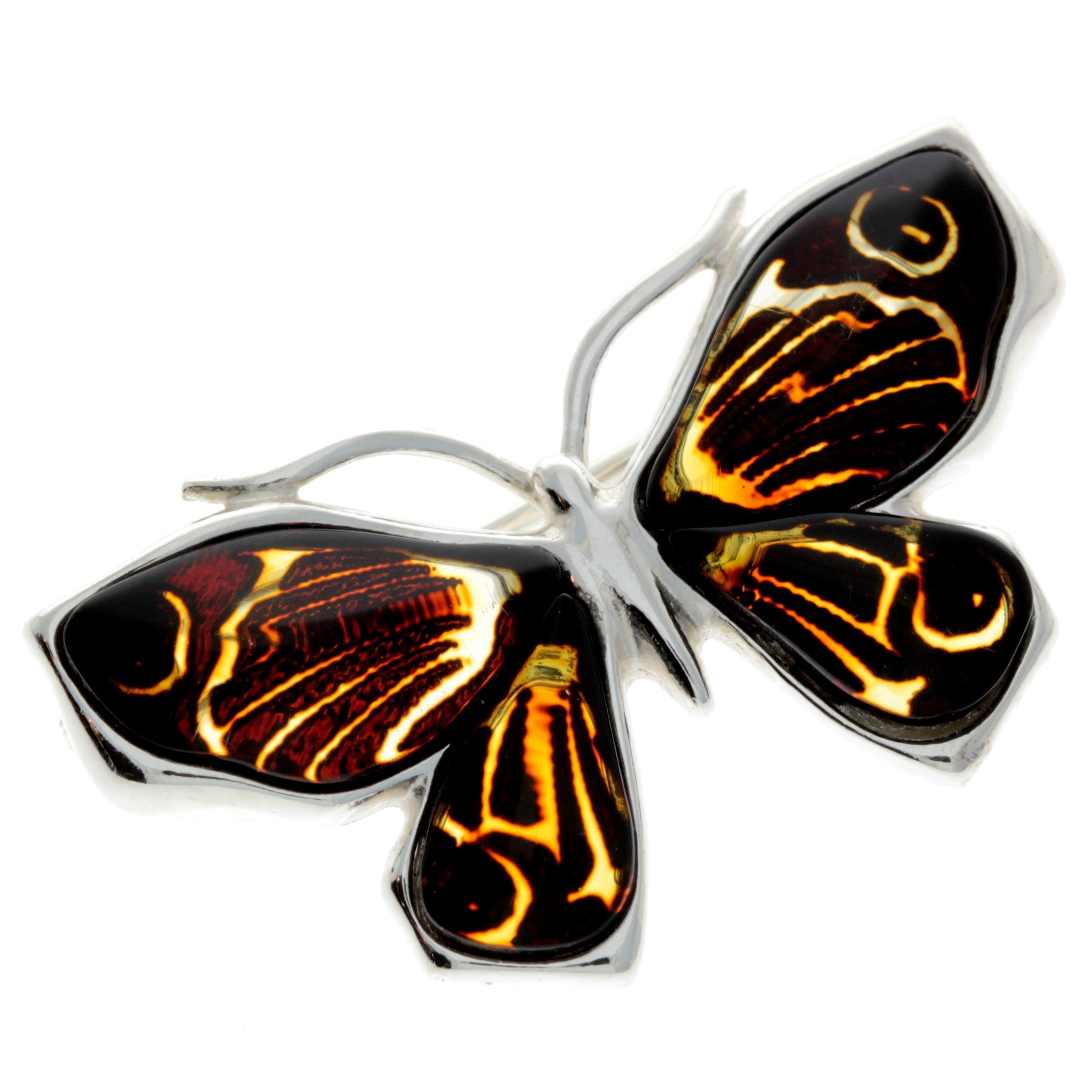 925 Sterling Silver & Baltic Amber Butterfly Engraved Brooch - AC800