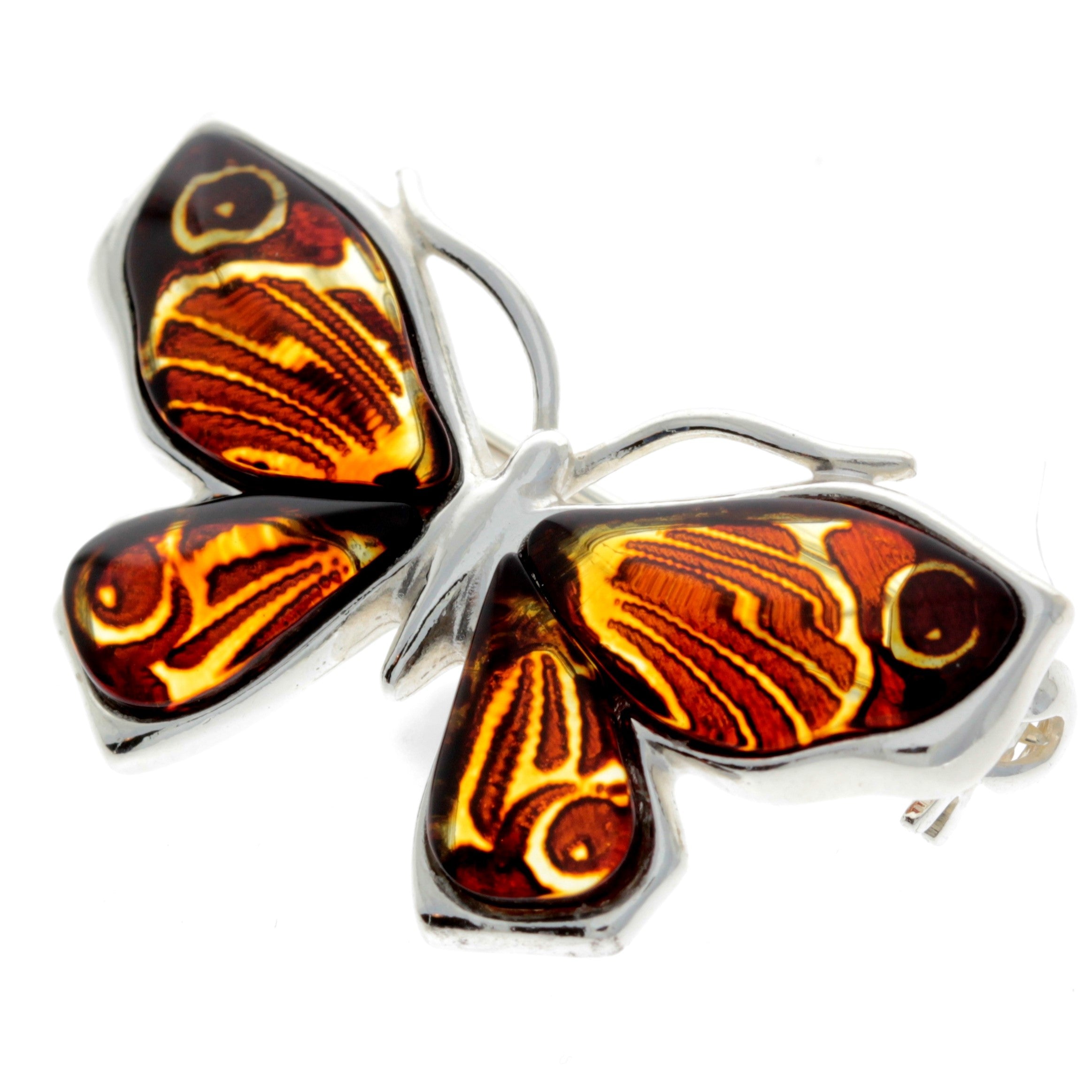 925 Sterling Silver & Baltic Amber Butterfly Engraved Brooch - AC800