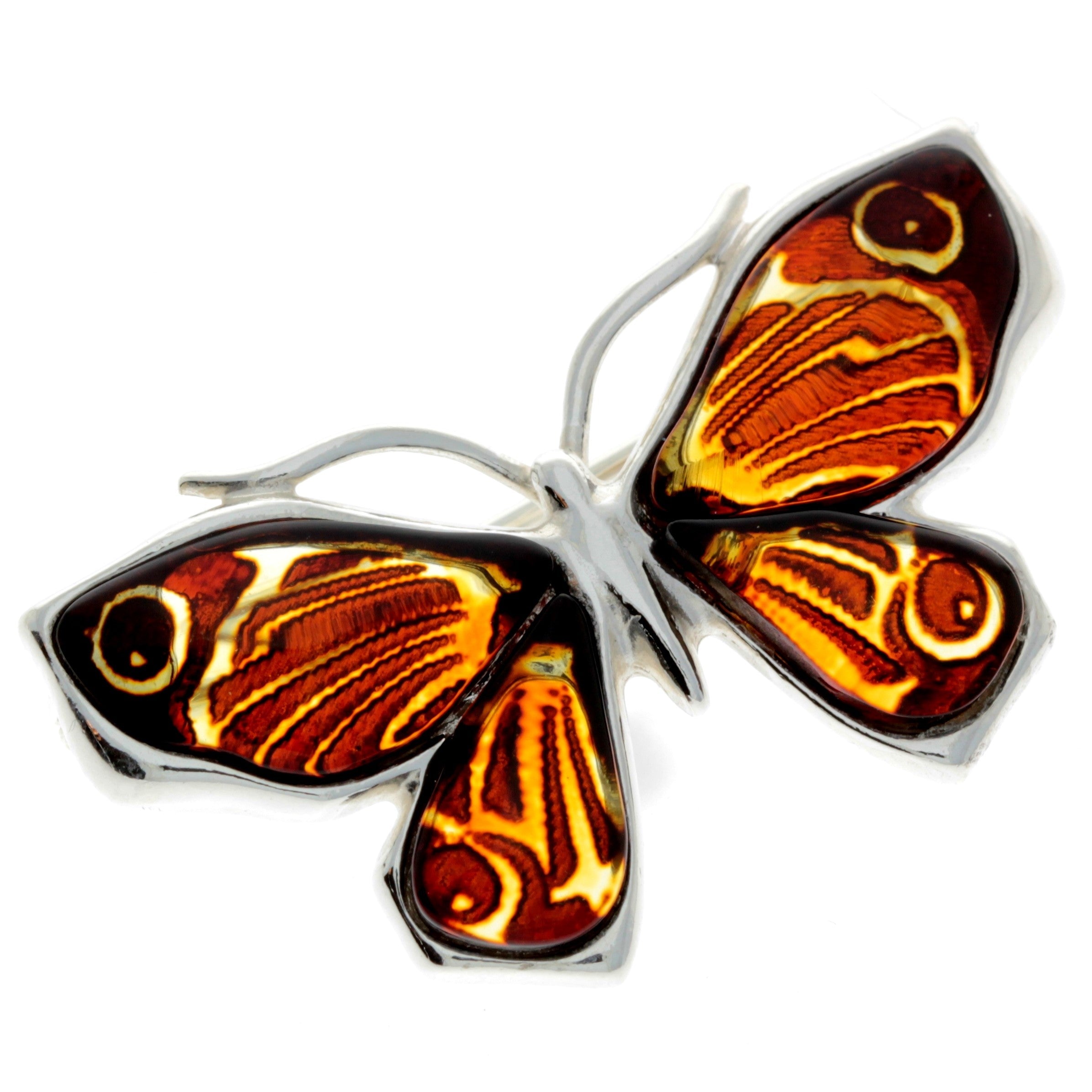 925 Sterling Silver & Baltic Amber Butterfly Engraved Brooch - AC800