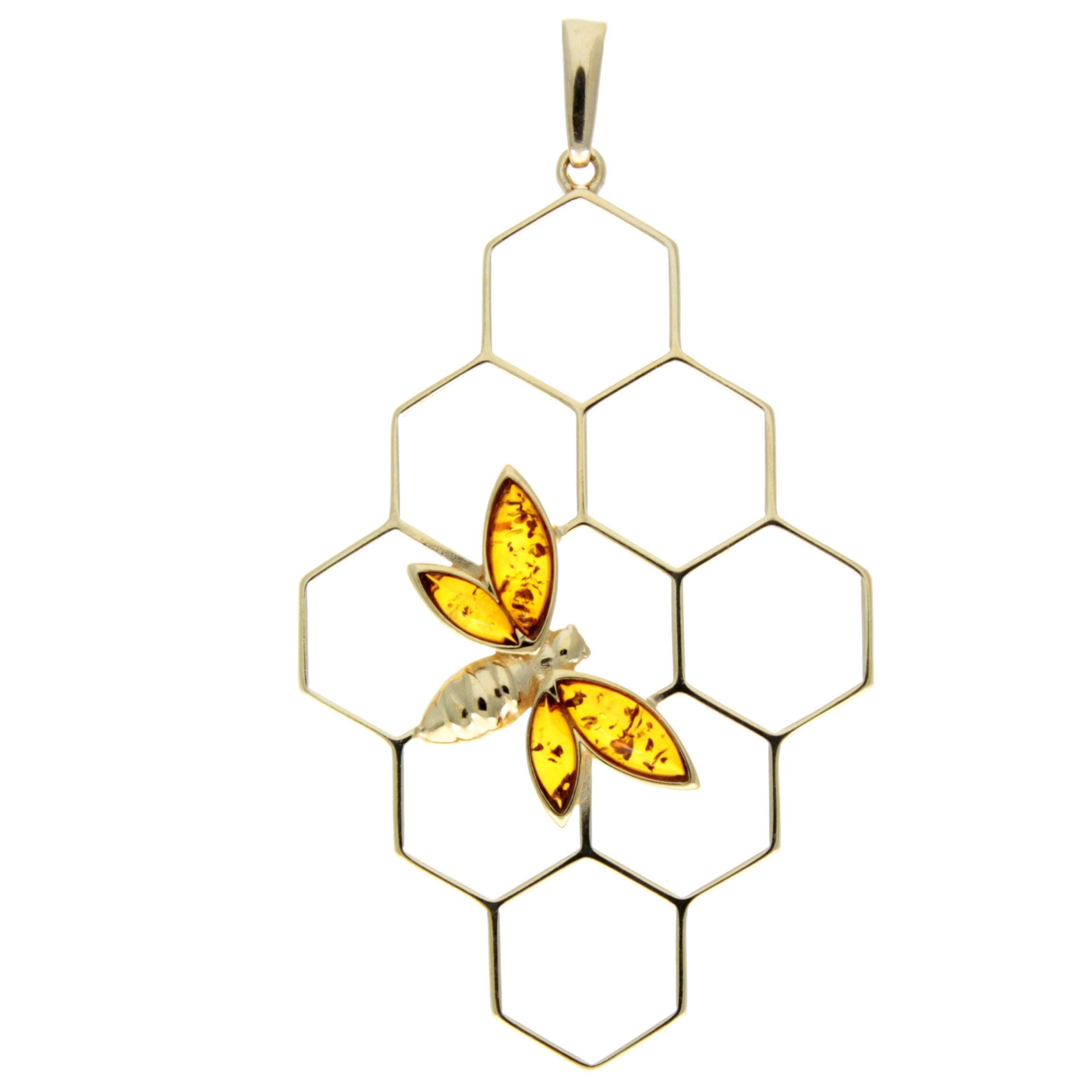 925 Sterling Silver 22 Carat Gold Plated with Genuine Baltic Amber Large Honey Bee Pendant - AG201