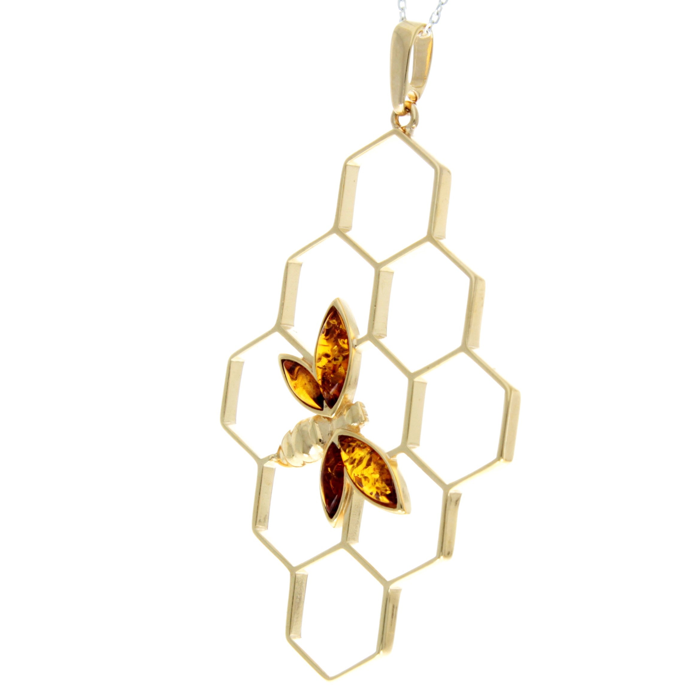 925 Sterling Silver 22 Carat Gold Plated with Genuine Baltic Amber Large Honey Bee Pendant - AG201