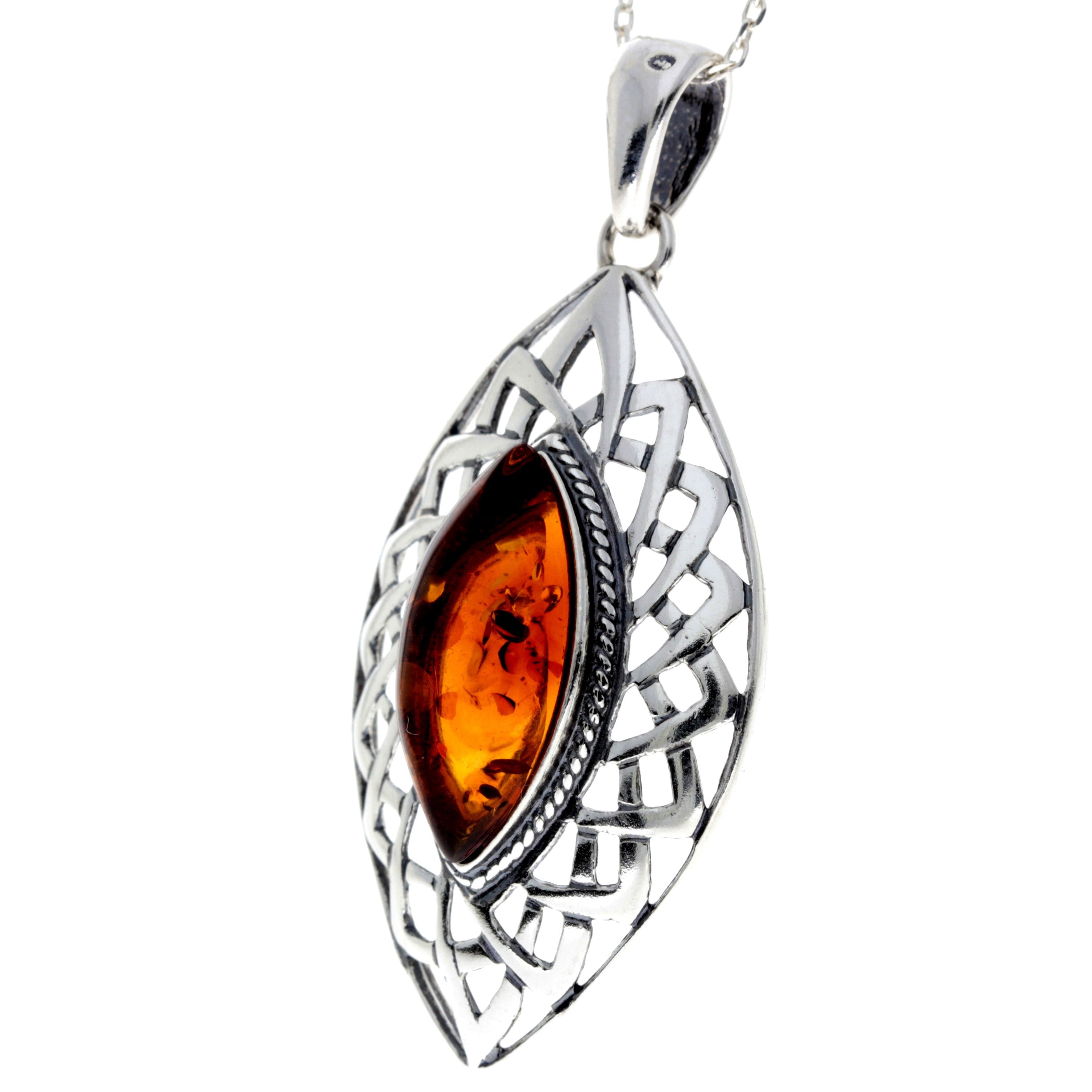 925 Sterling Silver & Genuine Baltic Amber Large Classic Celtic Pendant - AP05