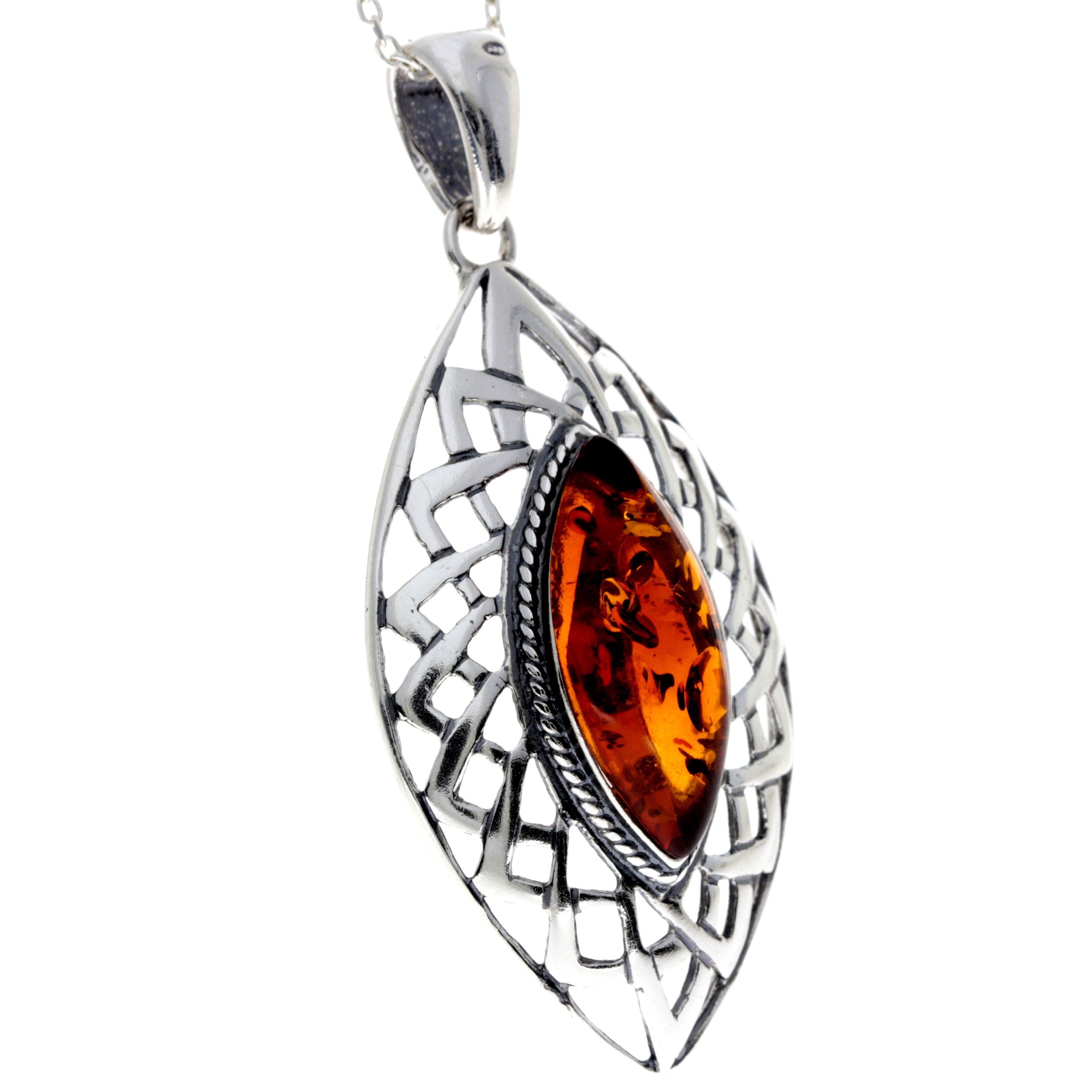 925 Sterling Silver & Genuine Baltic Amber Large Classic Celtic Pendant - AP05