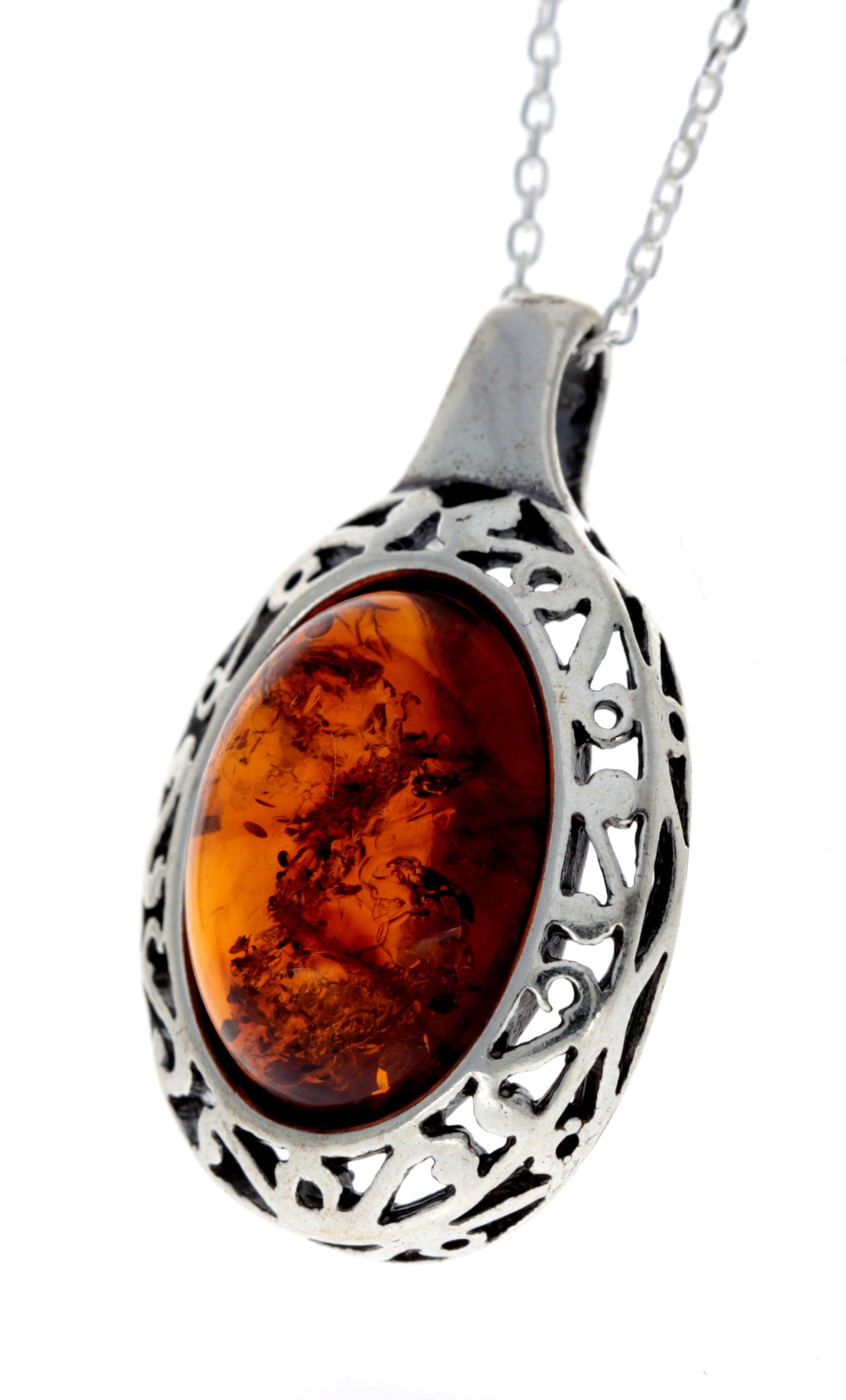 925 Sterling Silver & Genuine Baltic Amber Celtic Classic Pendant - AX202