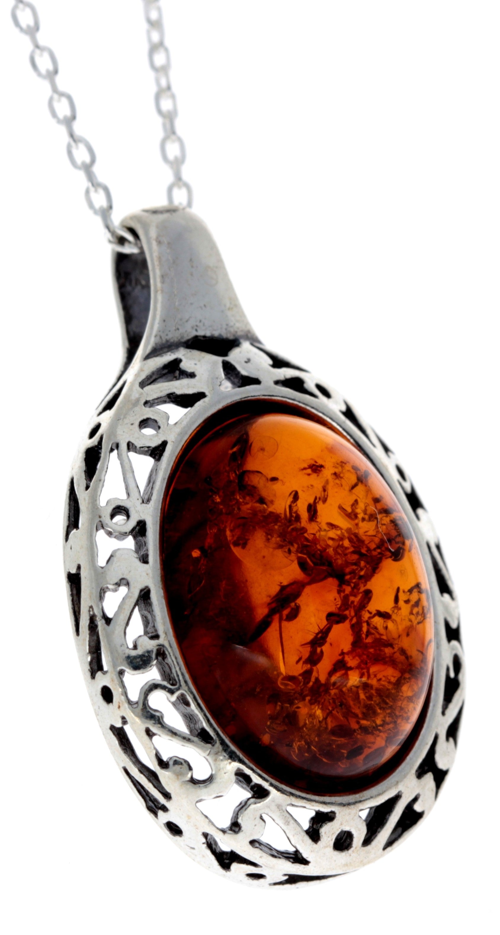 925 Sterling Silver & Genuine Baltic Amber Celtic Classic Pendant - AX202