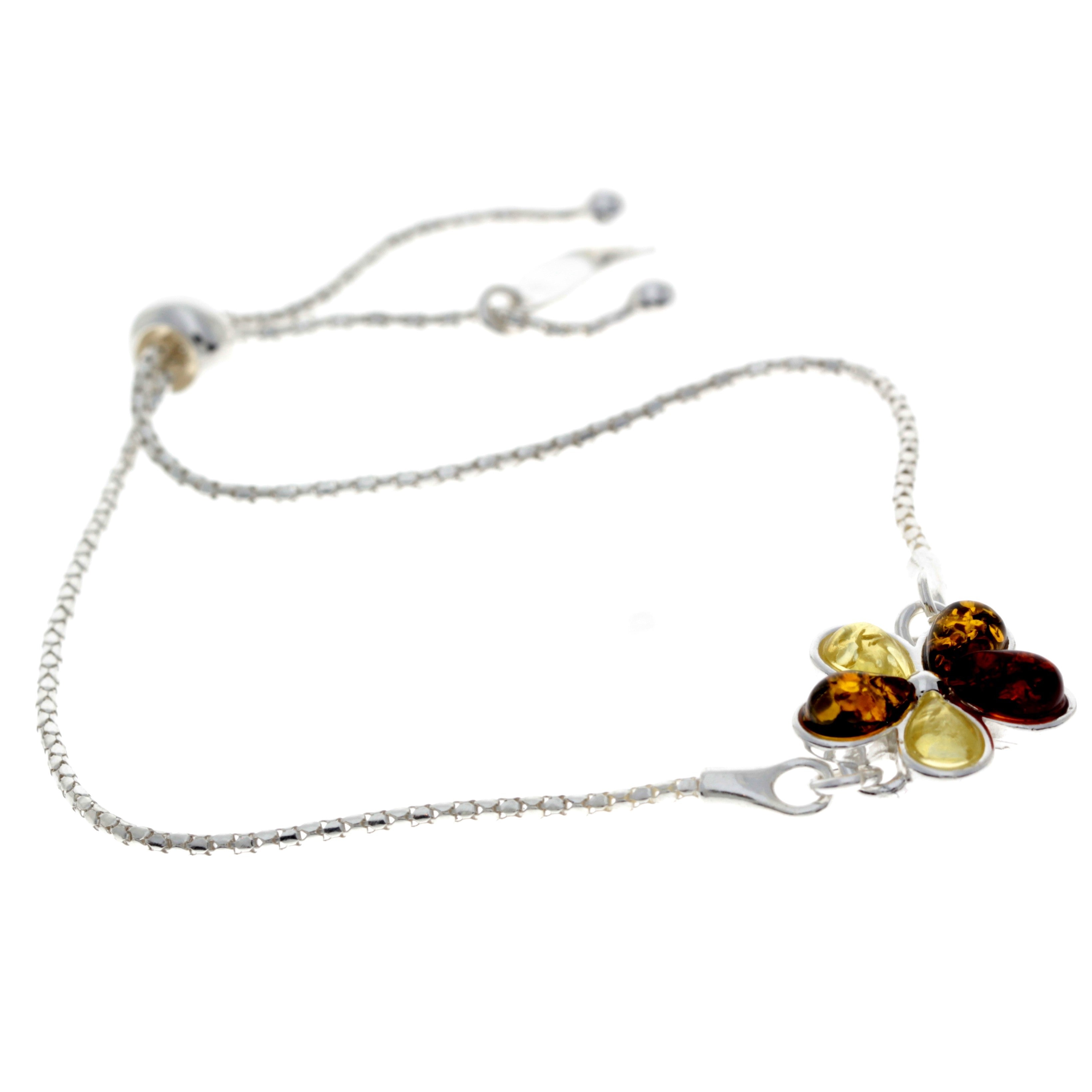 925 Sterling Silver & Baltic Amber Modern Flower Adjustable Bracelet - AXB3