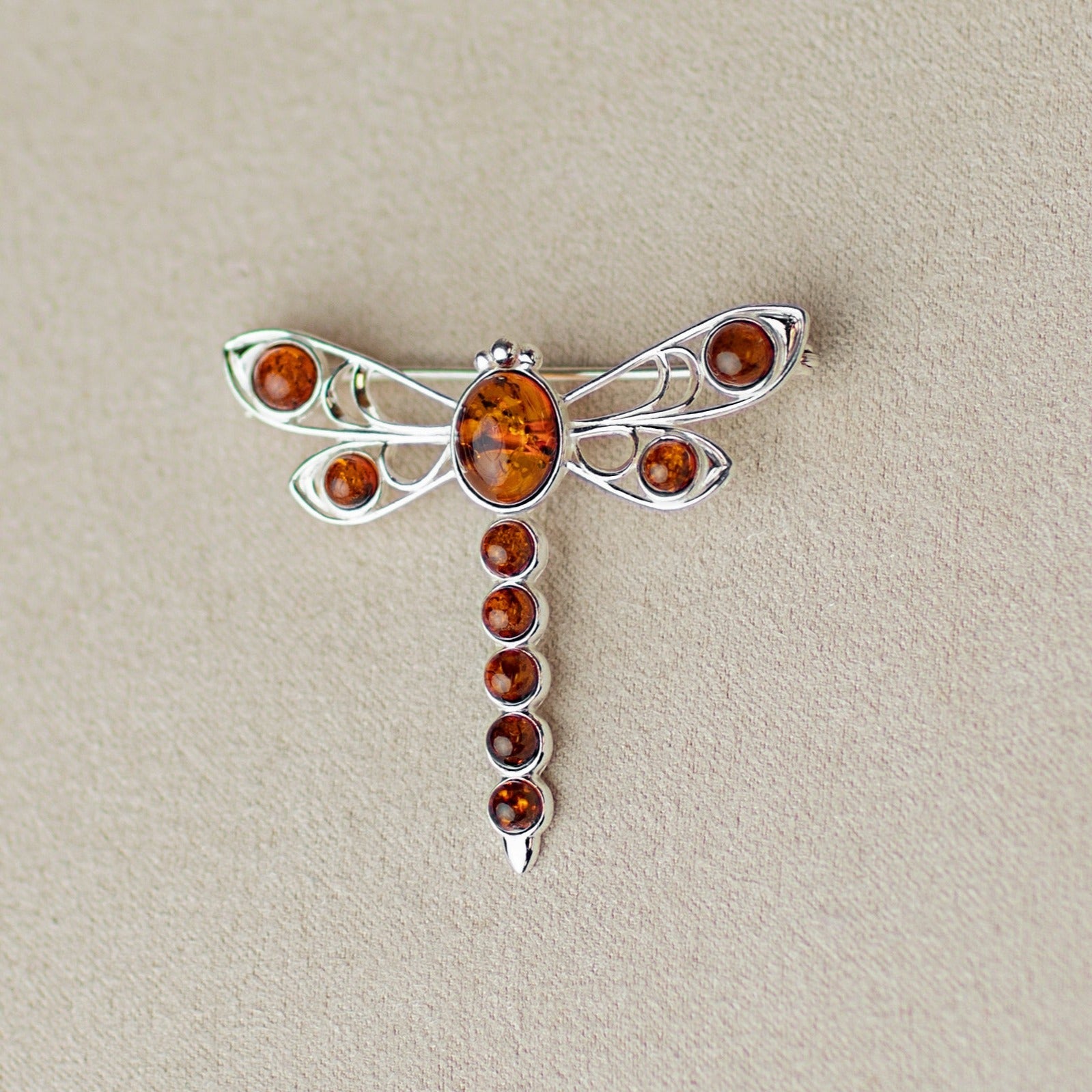 925 Sterling Silver & Baltic Amber Dragonfly Butterfly Brooch - 4032