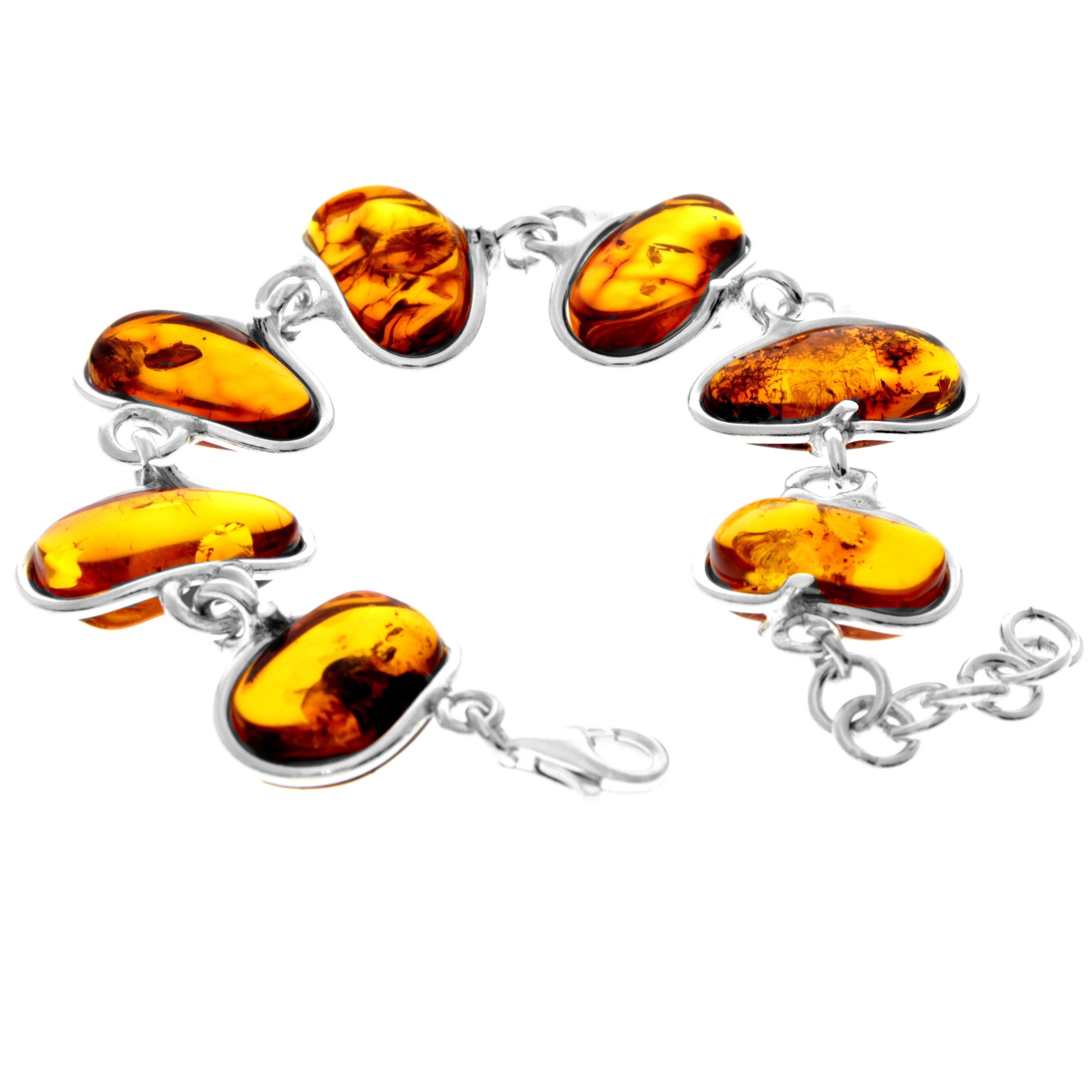 925 Sterling Silver & Genuine Cognac Baltic Amber Exclusive Link Bracelet with extender - BT173