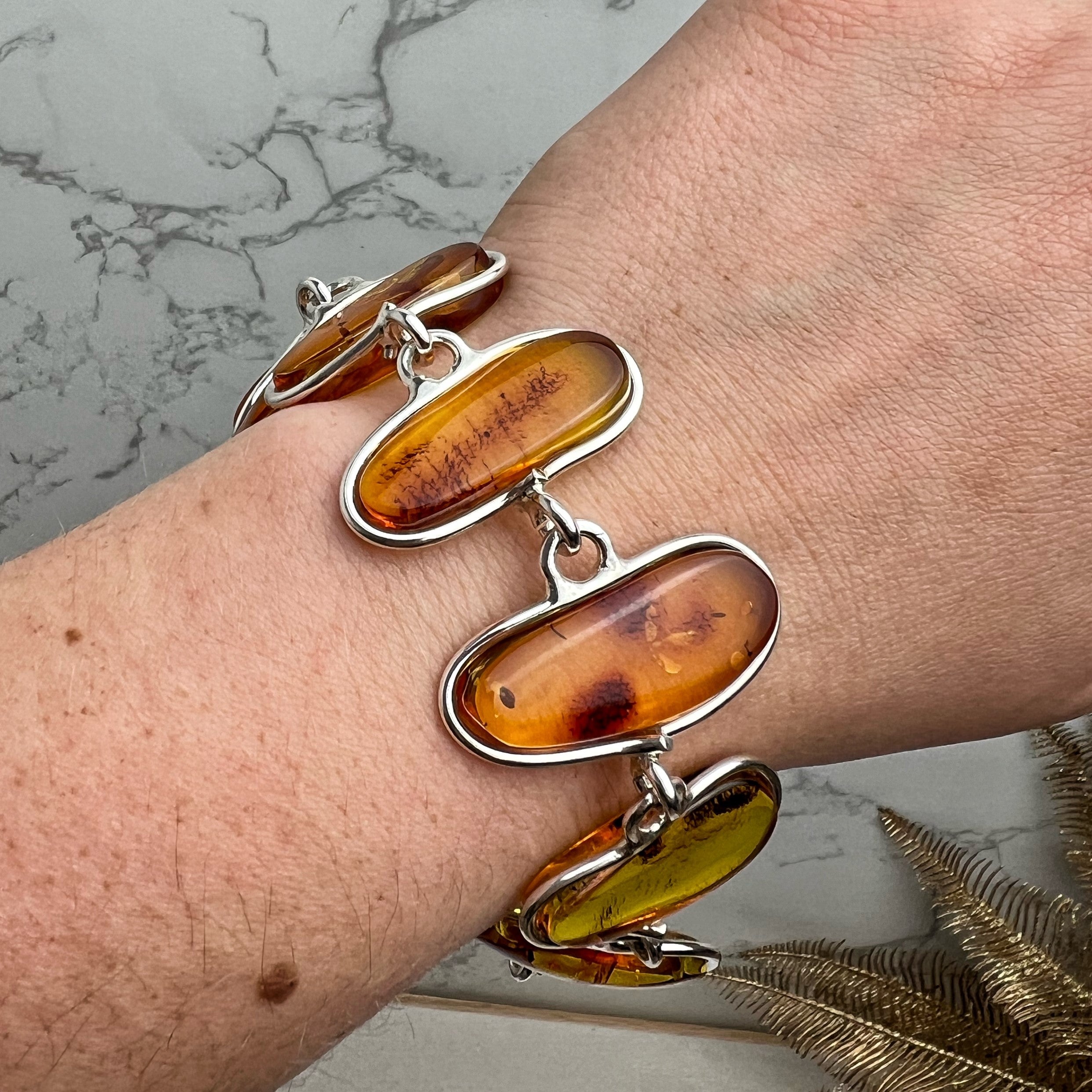 925 Sterling Silver & Genuine Cognac Baltic Amber Exclusive Link Bracelet with extender - BT176